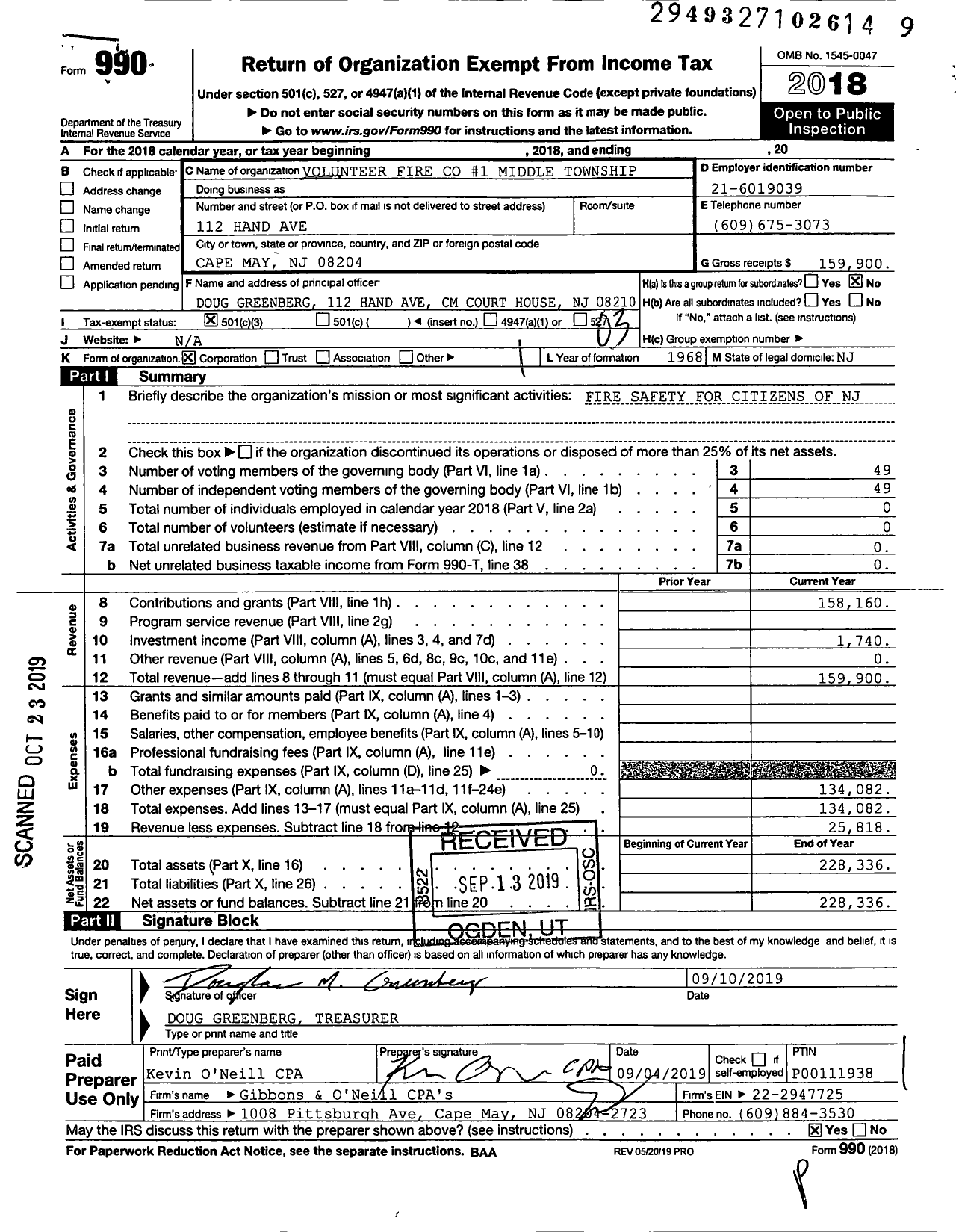 Image of first page of 2018 Form 990 for Volunteer Fire #1 Middle Township