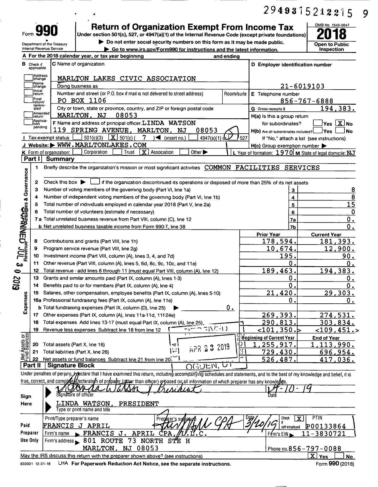 Image of first page of 2018 Form 990O for Marlton Lakes Civic Association