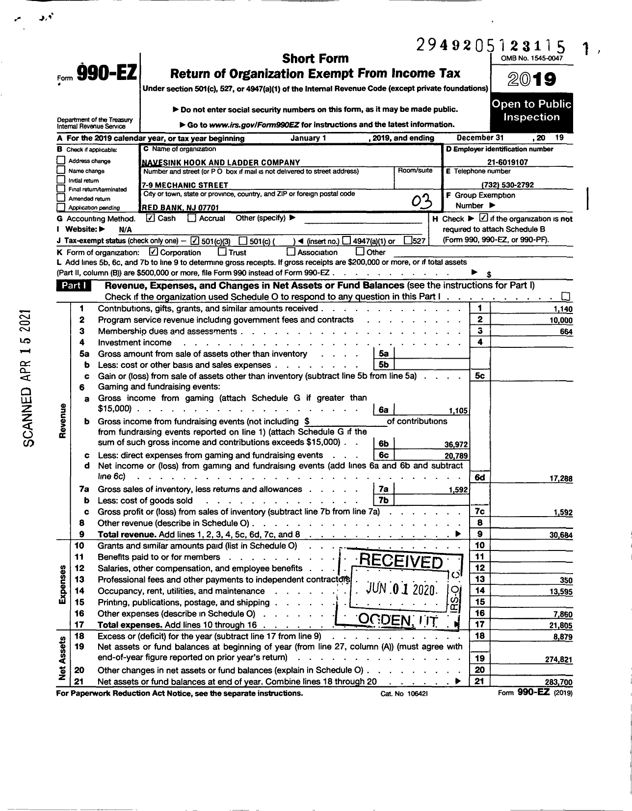 Image of first page of 2019 Form 990EZ for Navesink Hook and Ladder