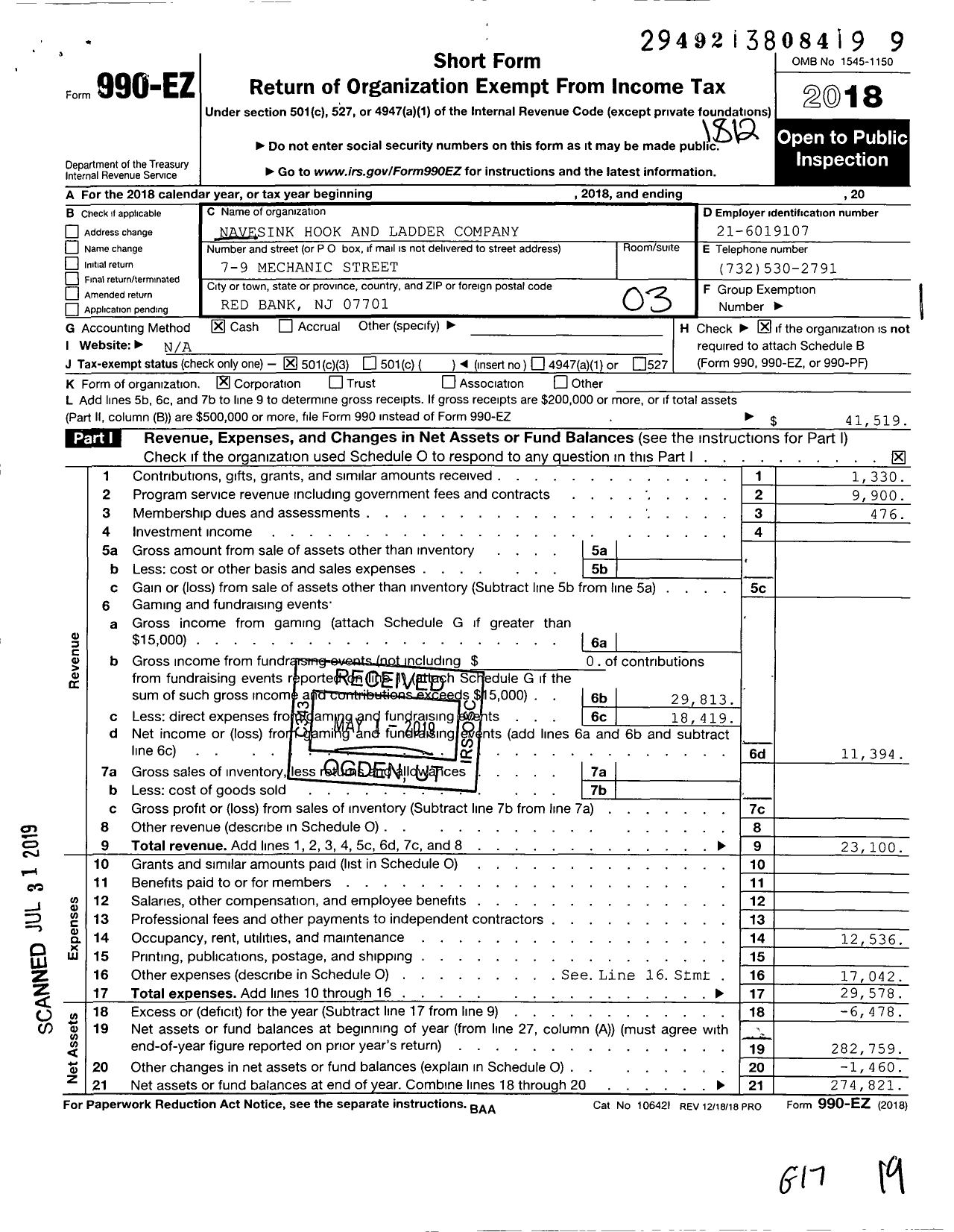 Image of first page of 2018 Form 990EZ for Navesink Hook and Ladder