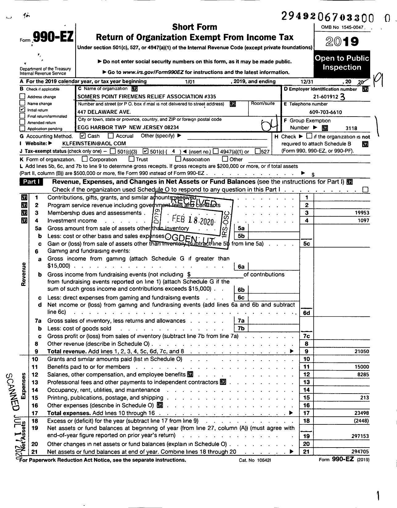 Image of first page of 2019 Form 990EO for New Jersey State Firemen's Association - Somers Point