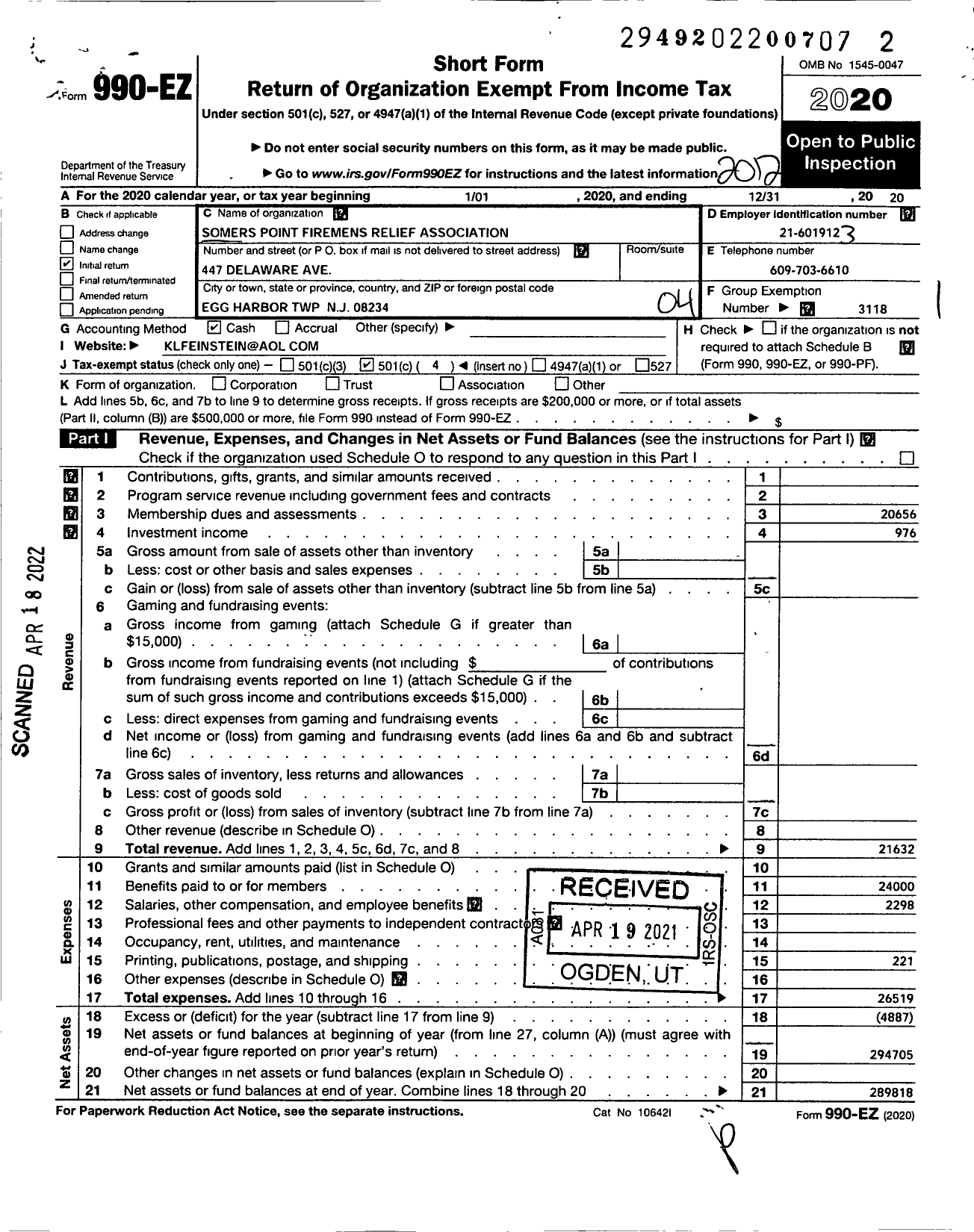 Image of first page of 2020 Form 990EO for New Jersey State Firemen's Association - Somers Point