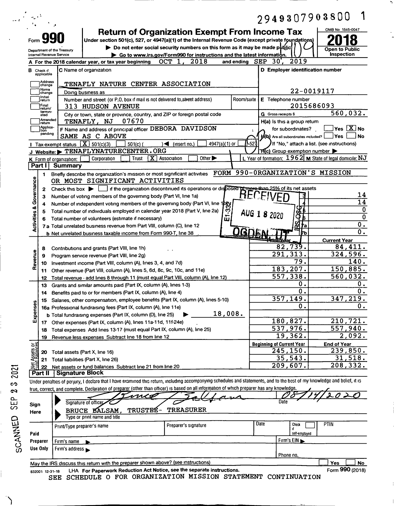 Image of first page of 2018 Form 990 for Tenafly Nature Center Association (TNC)