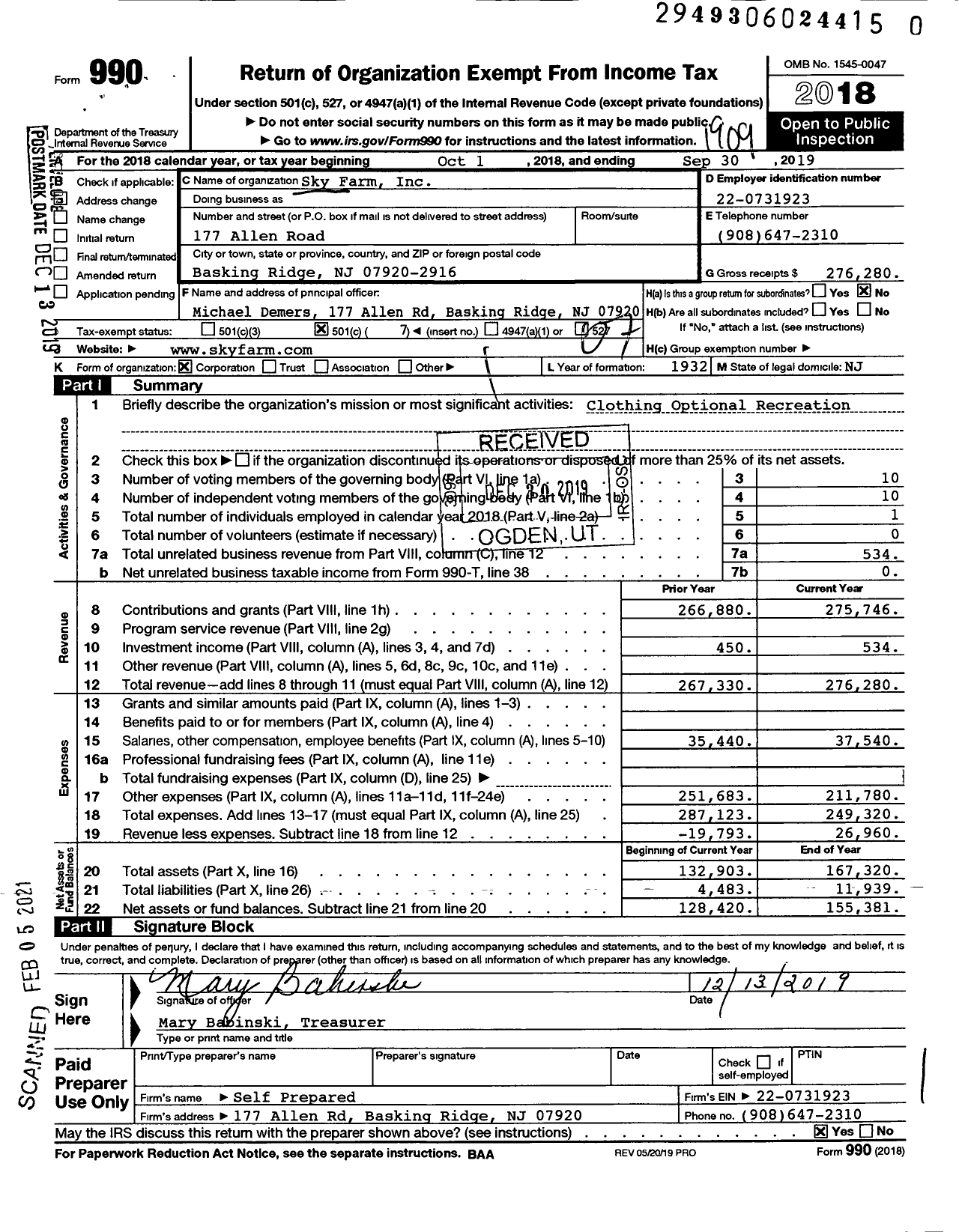 Image of first page of 2018 Form 990O for Sky Farm