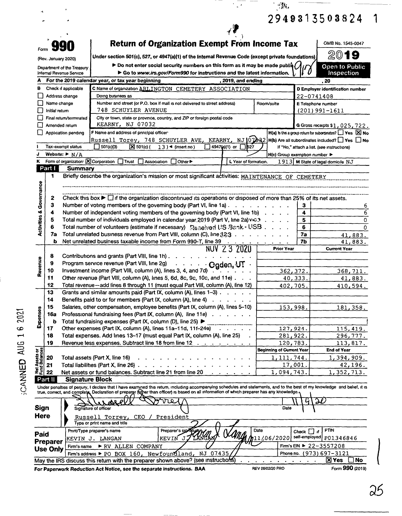 Image of first page of 2019 Form 990O for Arlington Cemetery Association