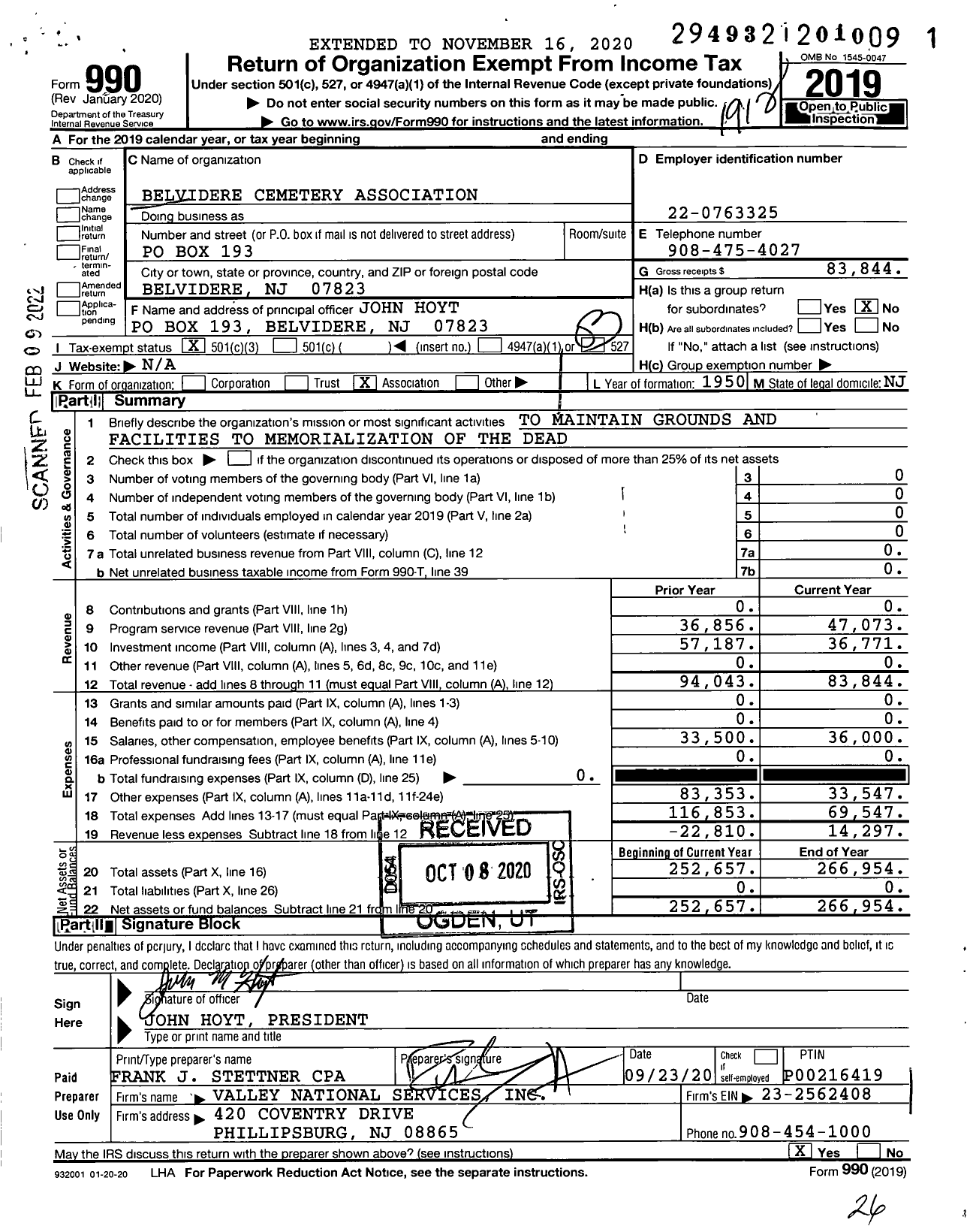 Image of first page of 2019 Form 990 for Belvidere Cemetery Association