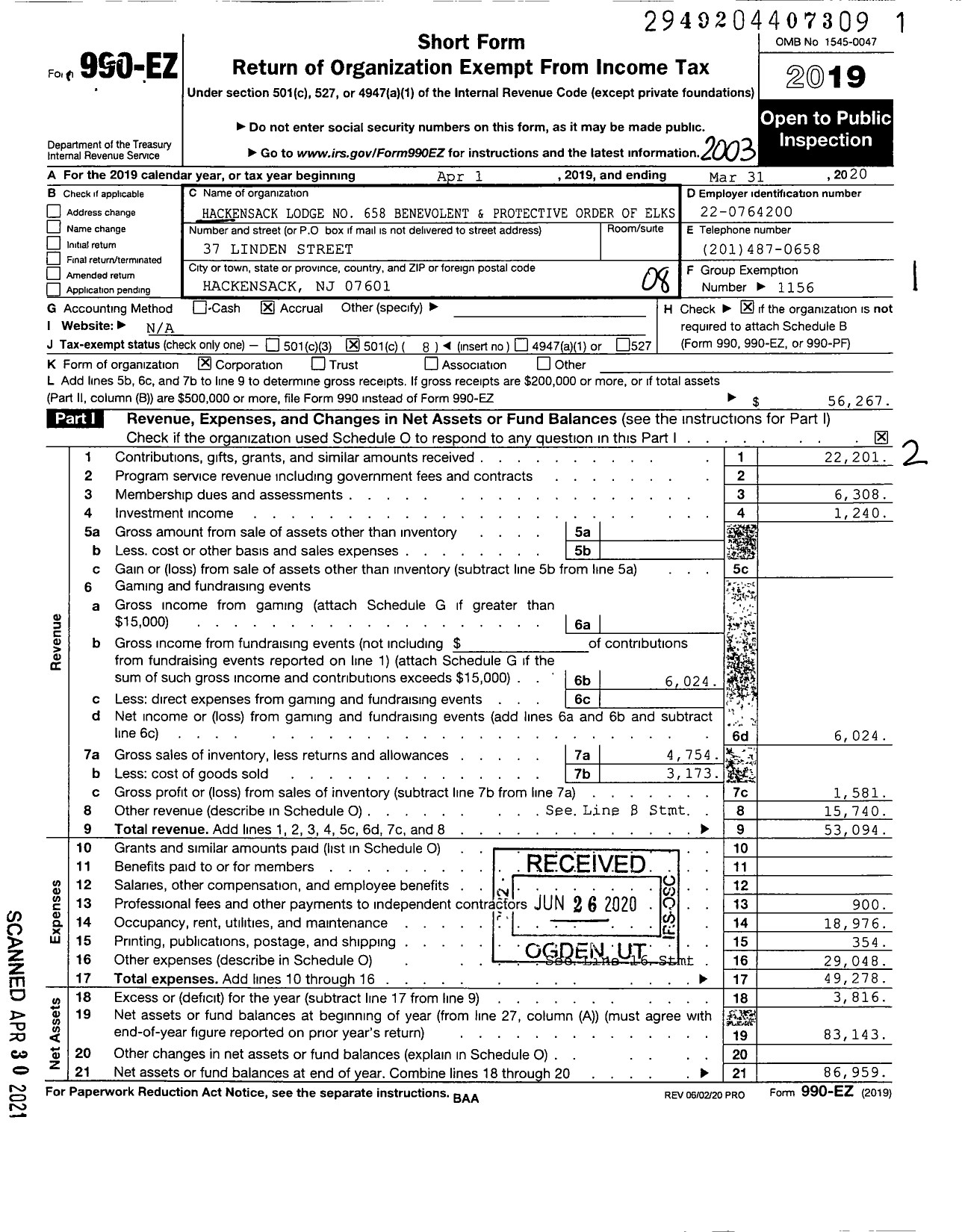 Image of first page of 2019 Form 990EO for Benevolent and Protective Order of Elks - 0658 Hackensack