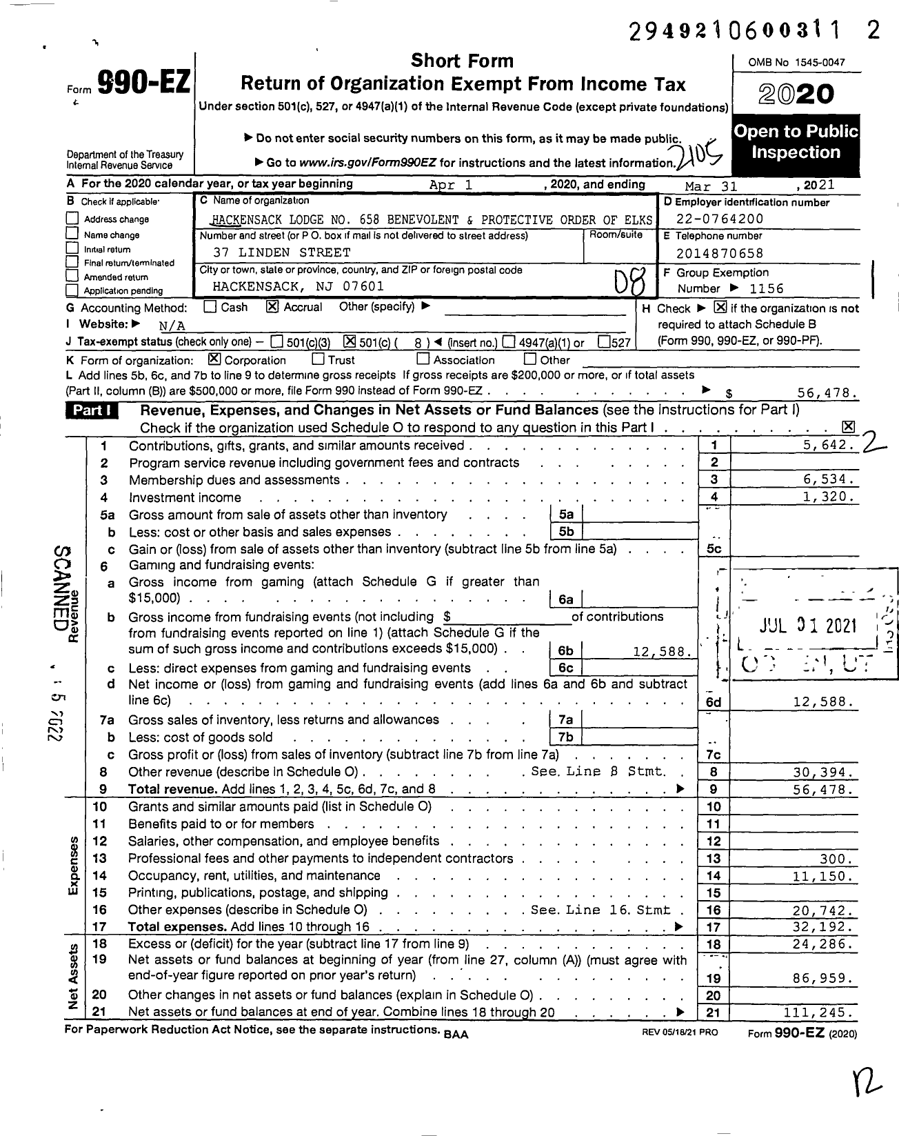 Image of first page of 2020 Form 990EO for Benevolent and Protective Order of Elks - 0658 Hackensack