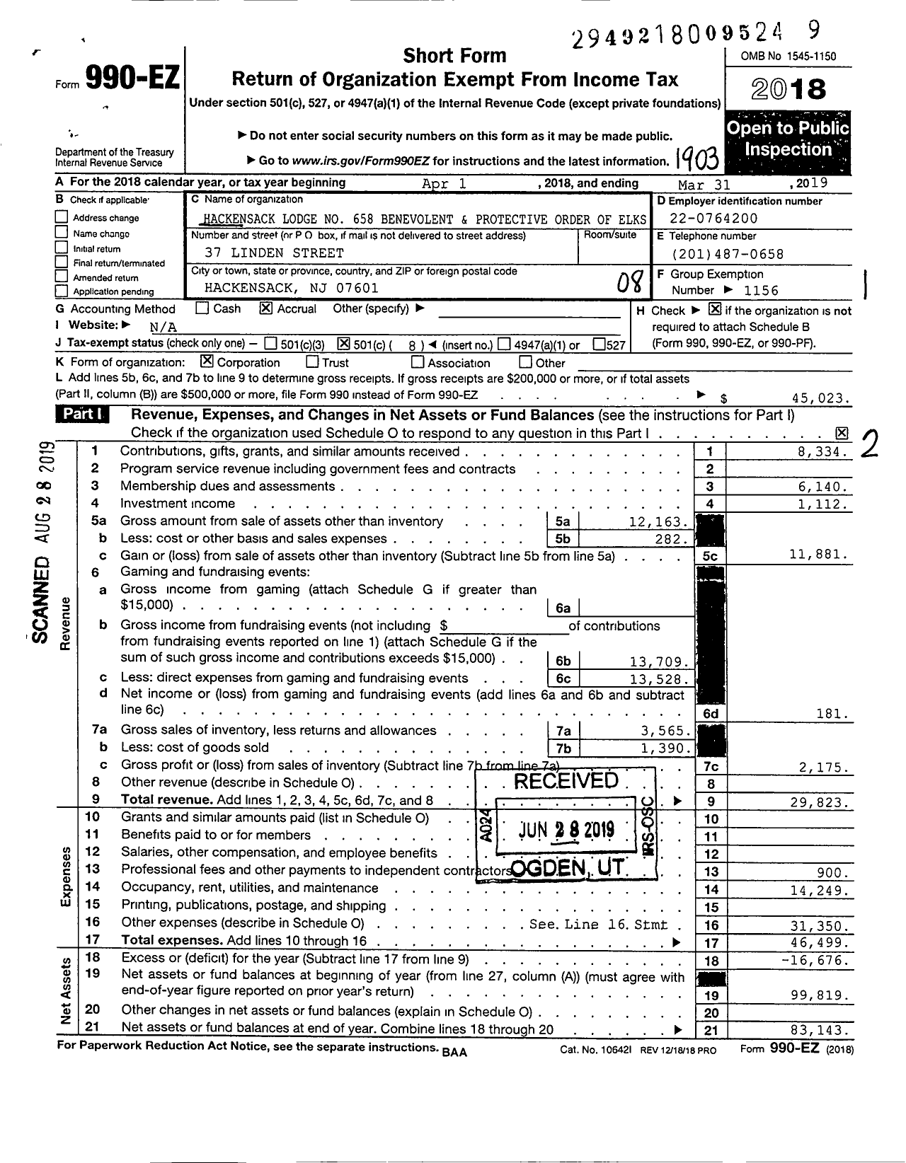 Image of first page of 2018 Form 990EO for Benevolent and Protective Order of Elks - 0658 Hackensack