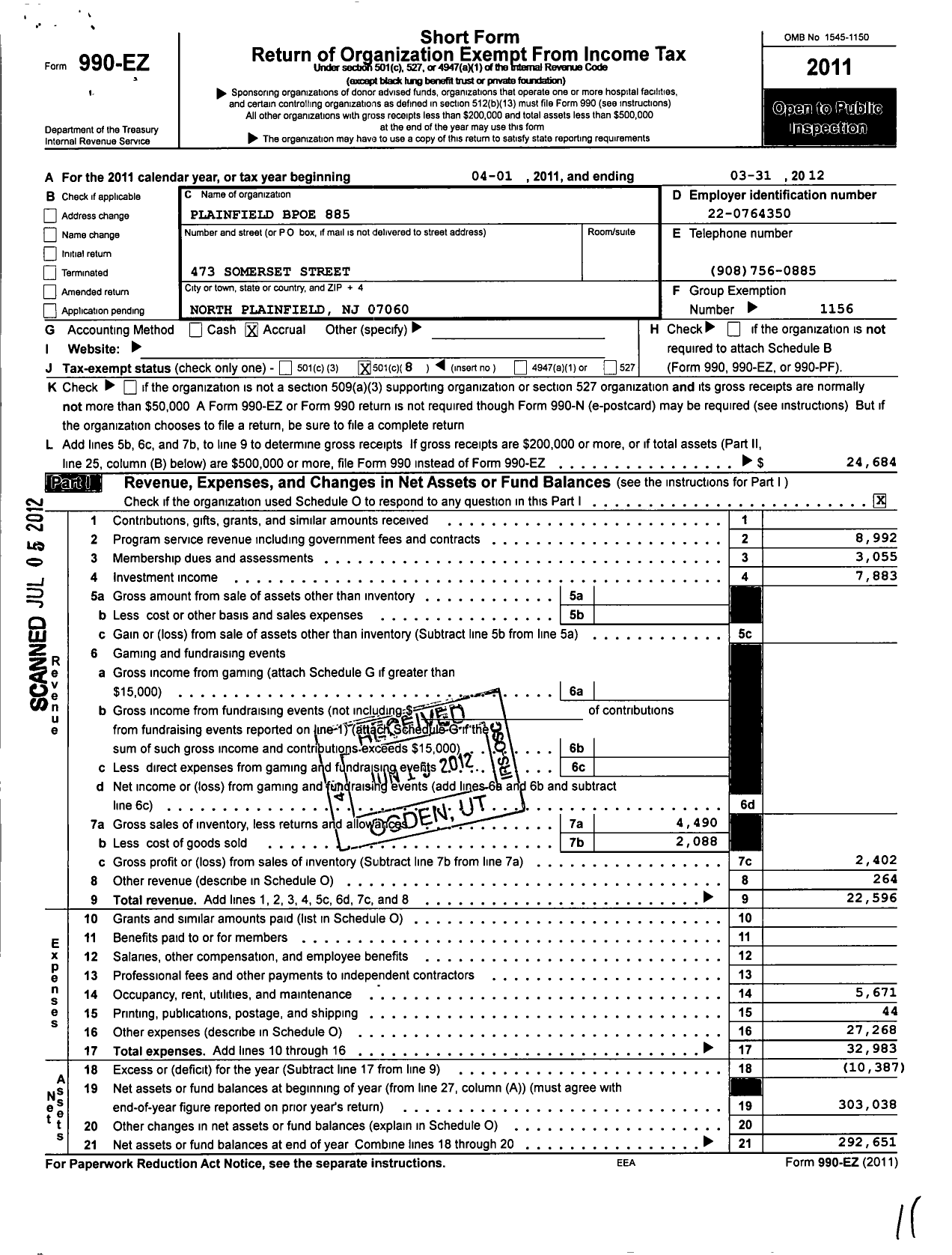 Image of first page of 2011 Form 990EO for Benevolent and Protective Order of Elks - 885 Plainfield