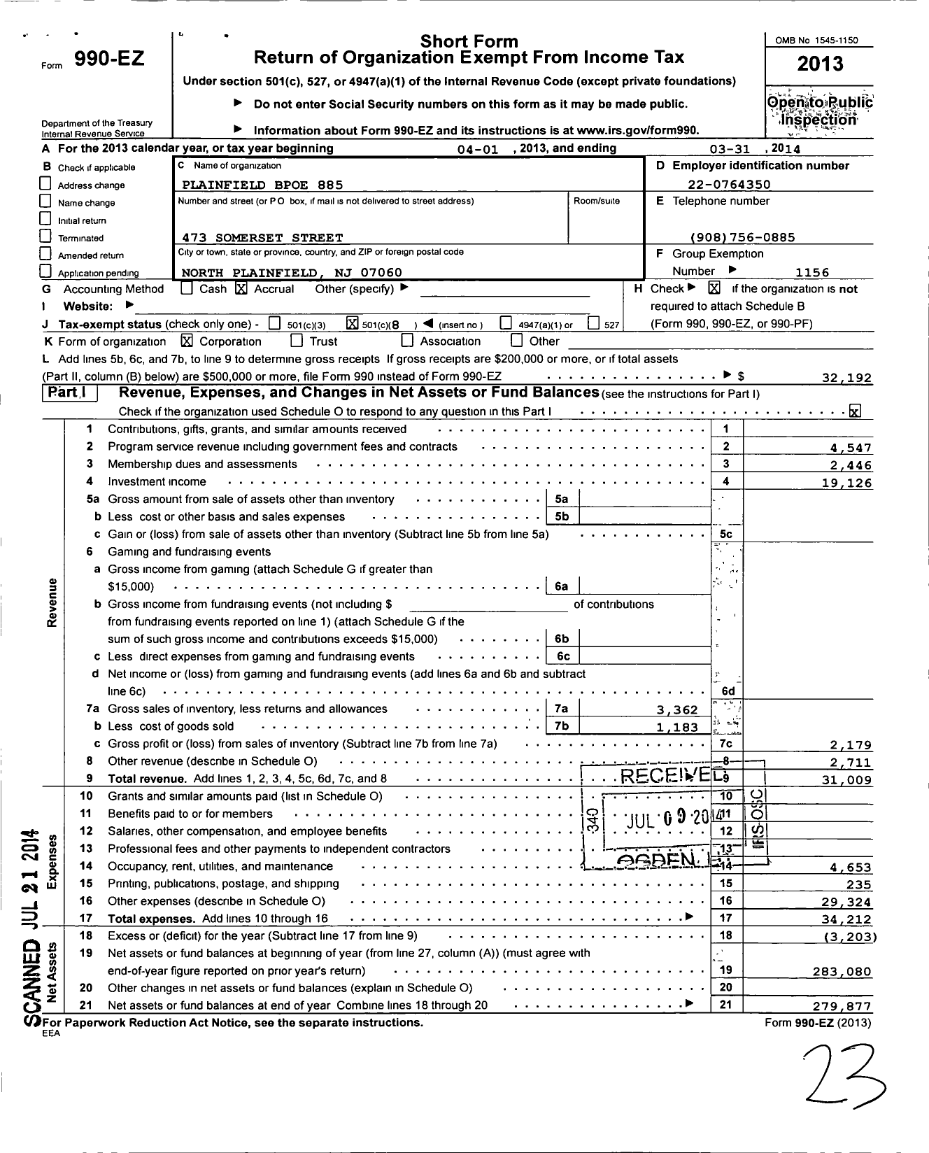 Image of first page of 2013 Form 990EO for Benevolent and Protective Order of Elks - 885 Plainfield