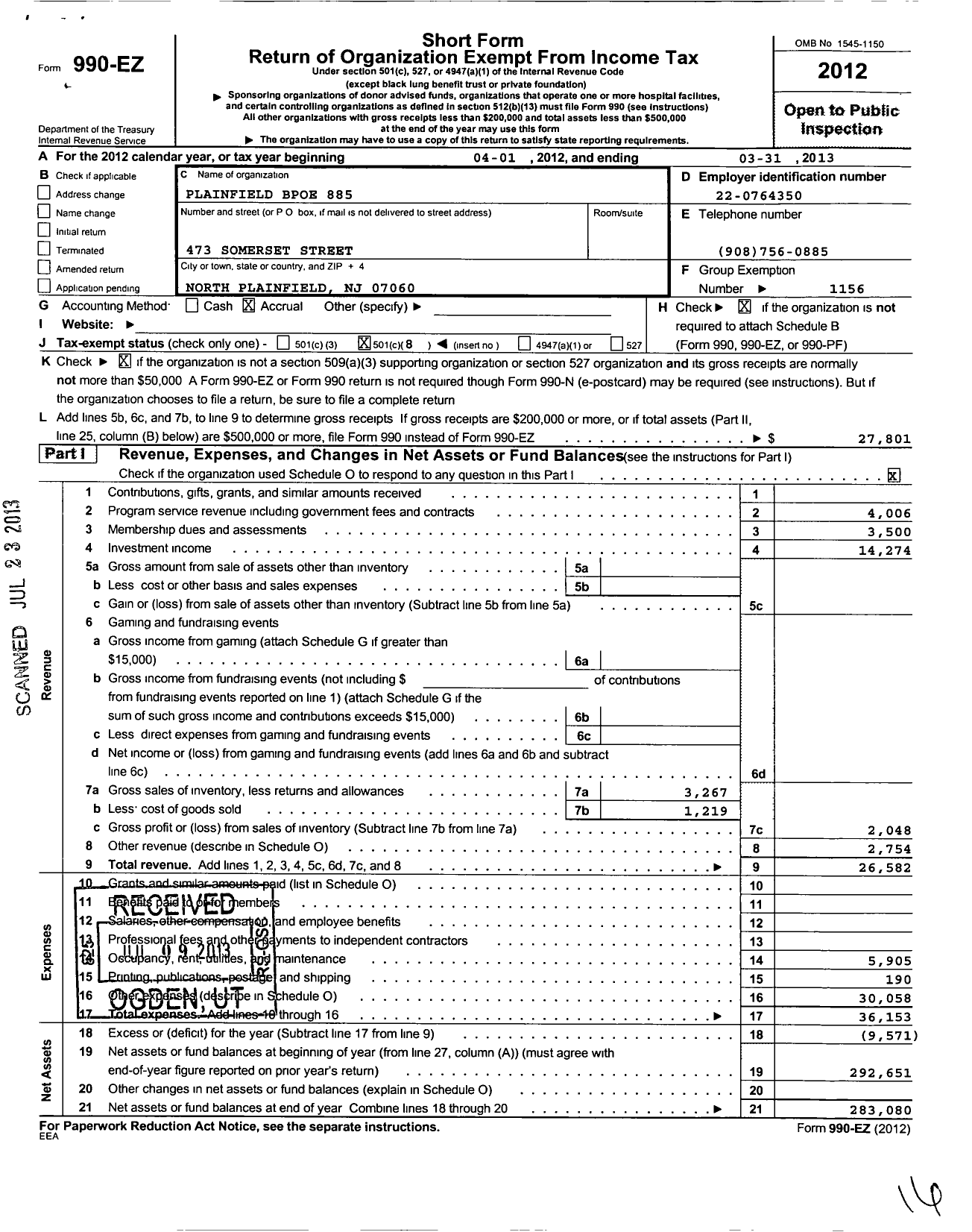 Image of first page of 2012 Form 990EO for Benevolent and Protective Order of Elks - 885 Plainfield