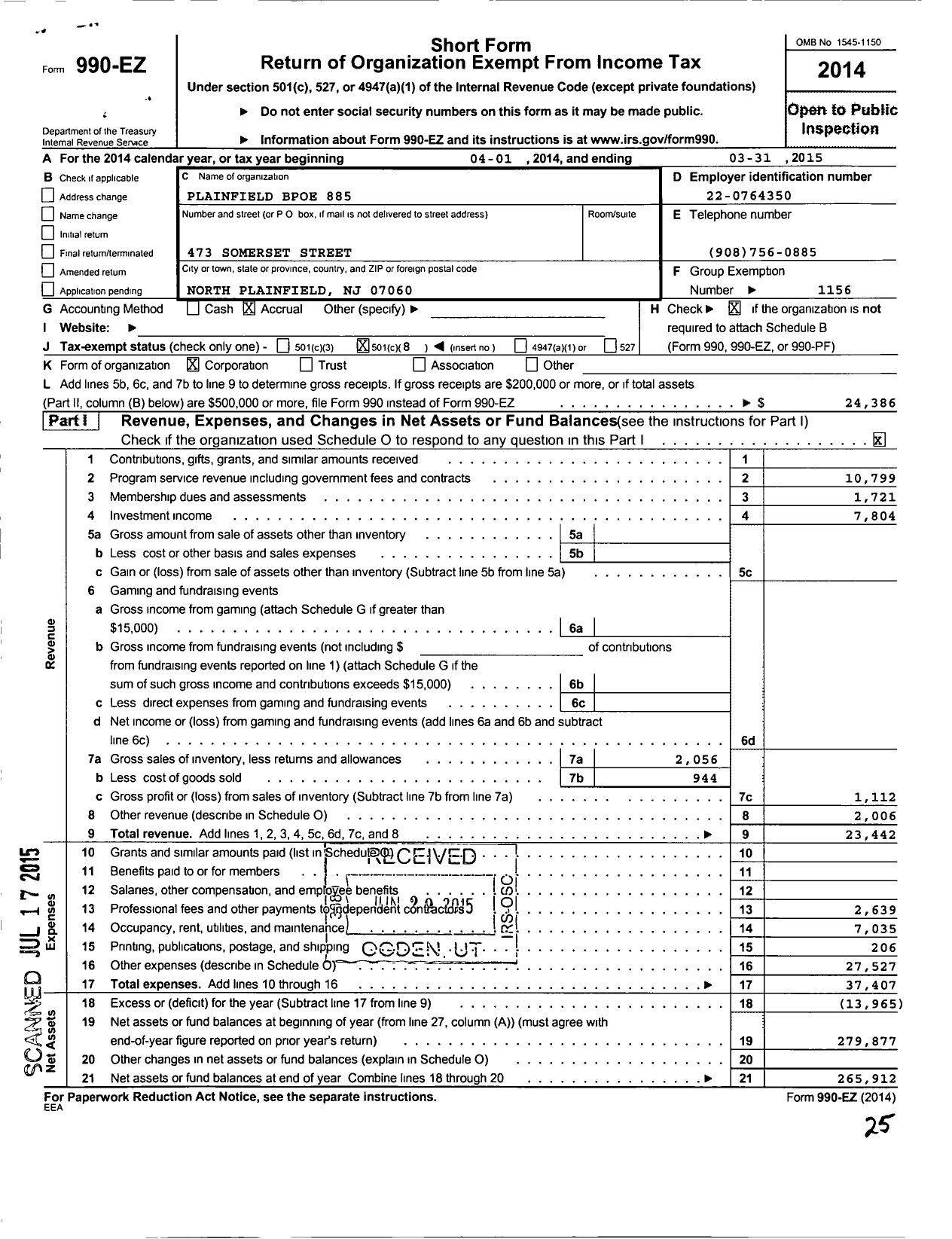 Image of first page of 2014 Form 990EO for Benevolent and Protective Order of Elks - 885 Plainfield