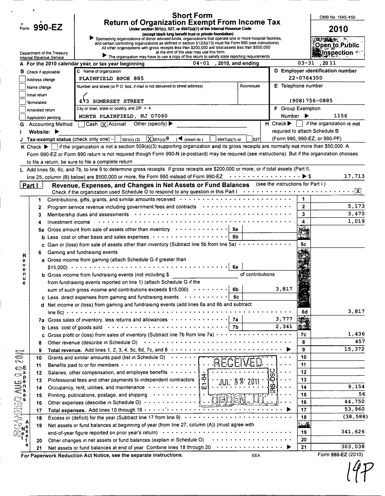 Image of first page of 2010 Form 990EO for Benevolent and Protective Order of Elks - 885 Plainfield