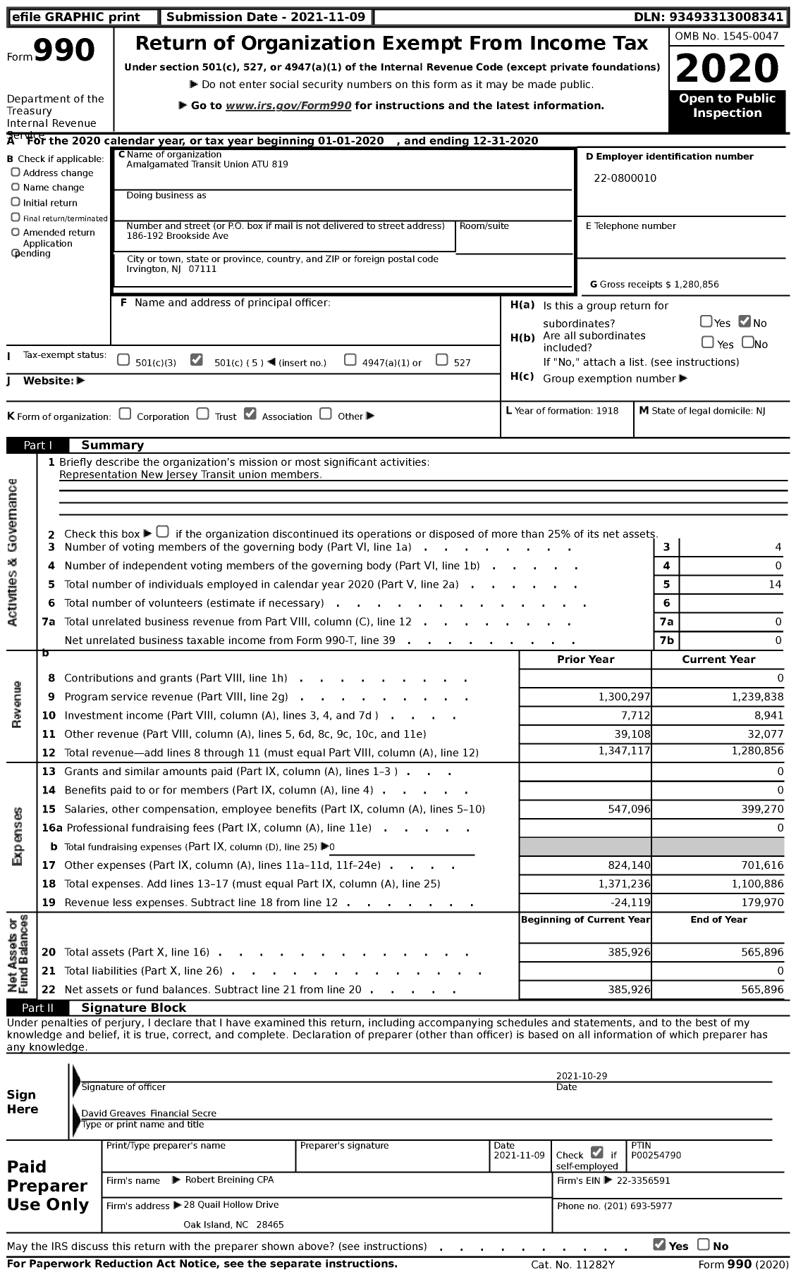 Image of first page of 2020 Form 990 for Amalgamated Transit Union - 819 Local