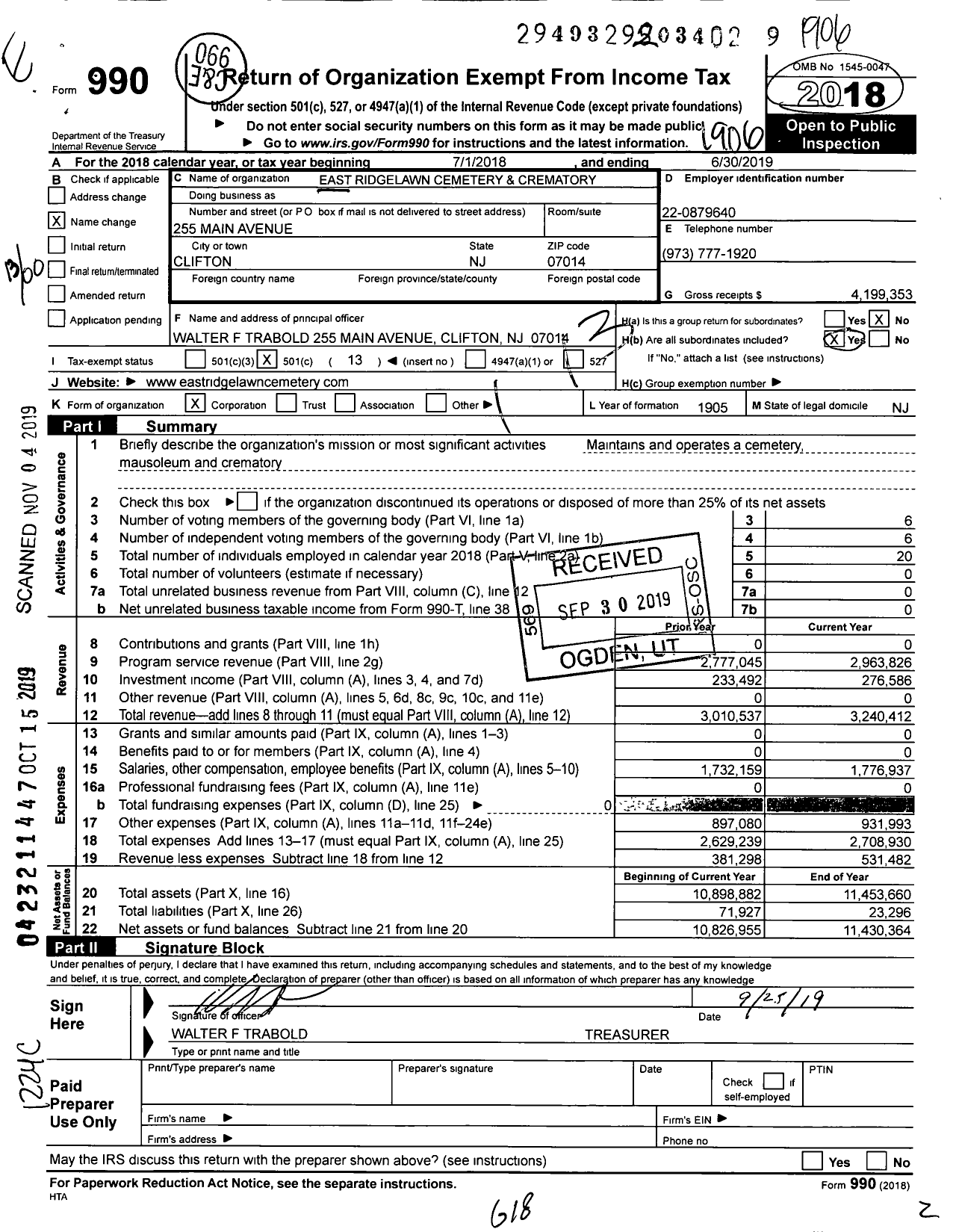 Image of first page of 2018 Form 990O for East Ridgelawn Cemetery