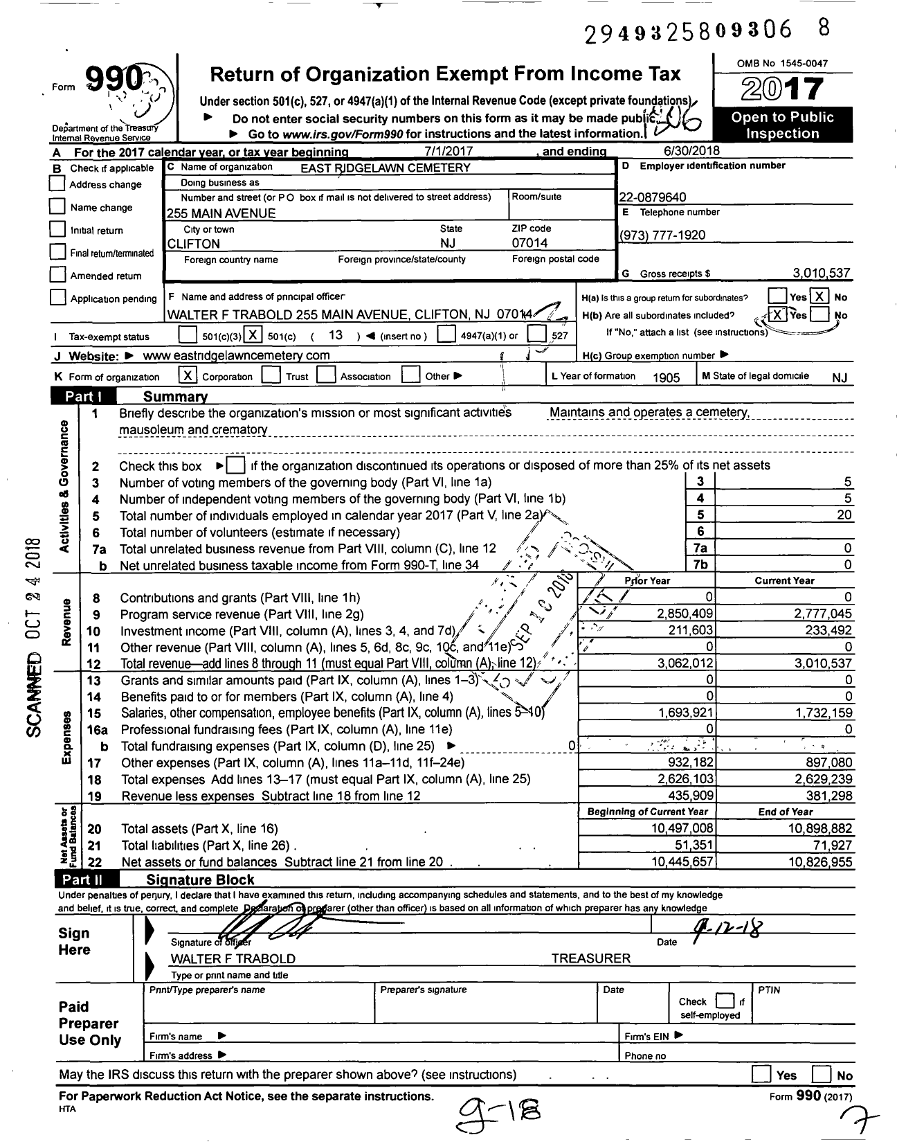 Image of first page of 2017 Form 990O for East Ridgelawn Cemetery