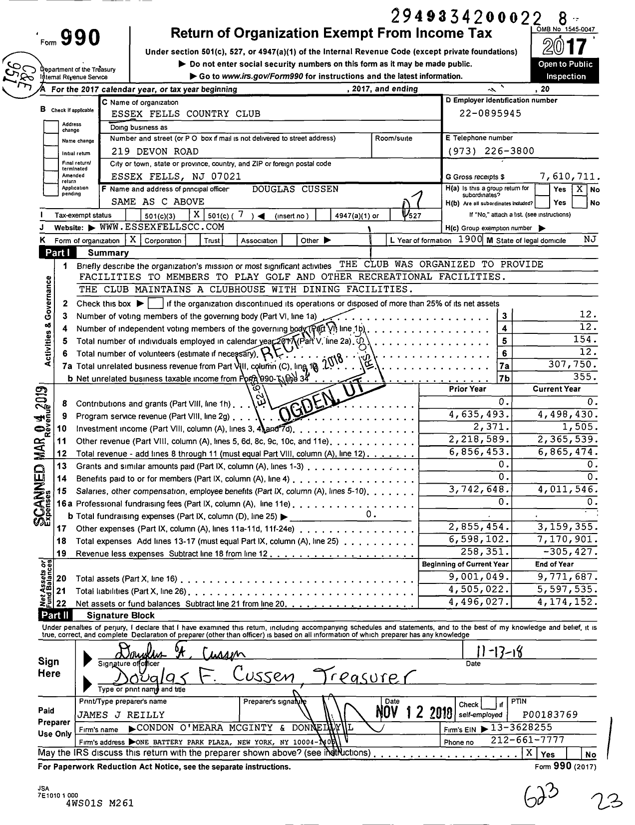 Image of first page of 2017 Form 990O for Essex Fells Country Club