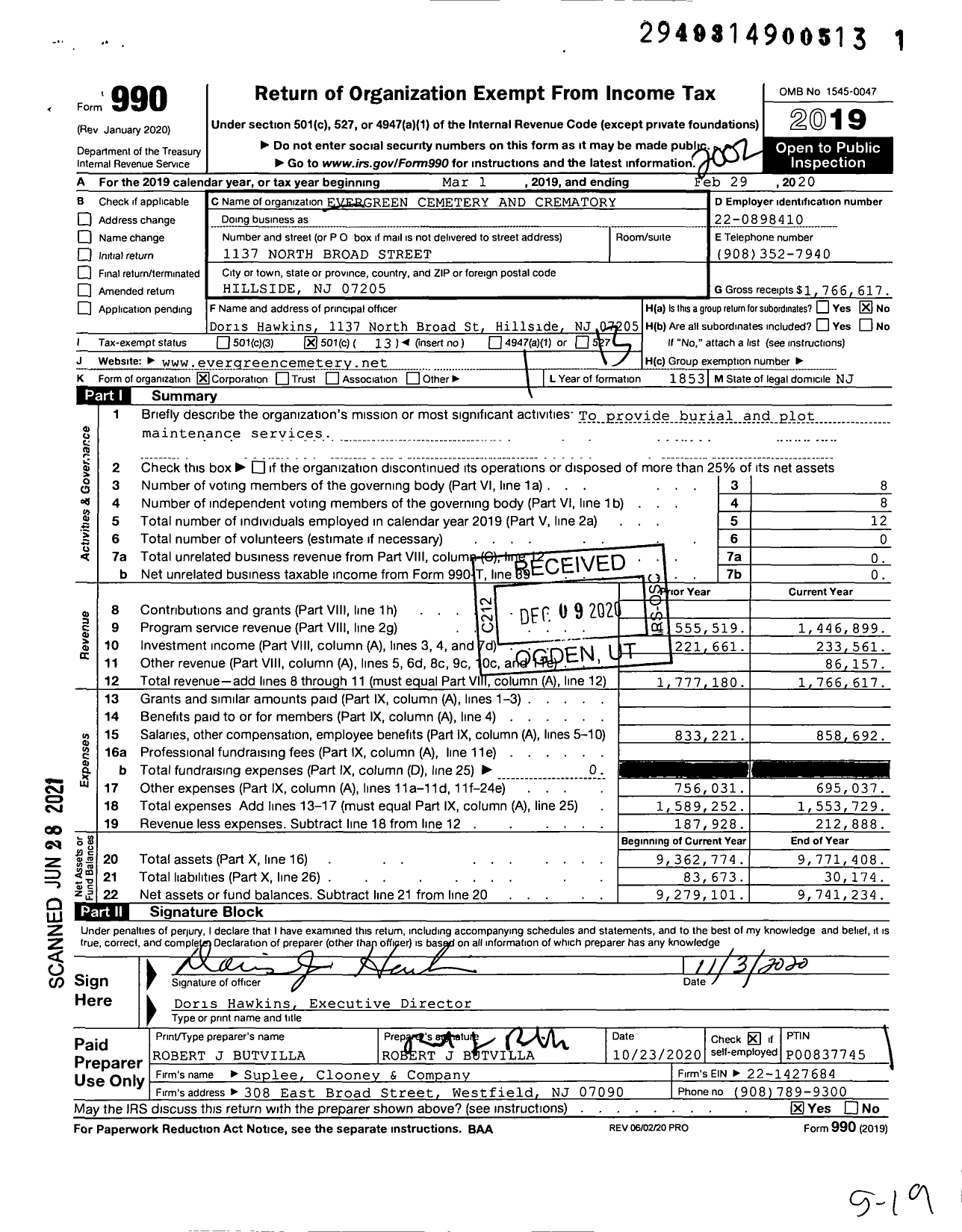 Image of first page of 2019 Form 990O for Evergreen Cemetery and Crematory