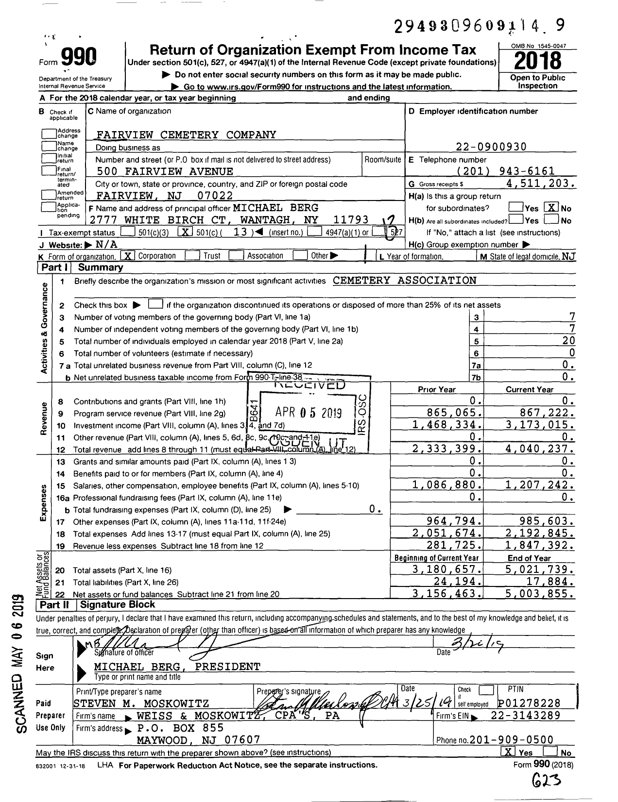 Image of first page of 2018 Form 990O for Fairview Cemetery Company