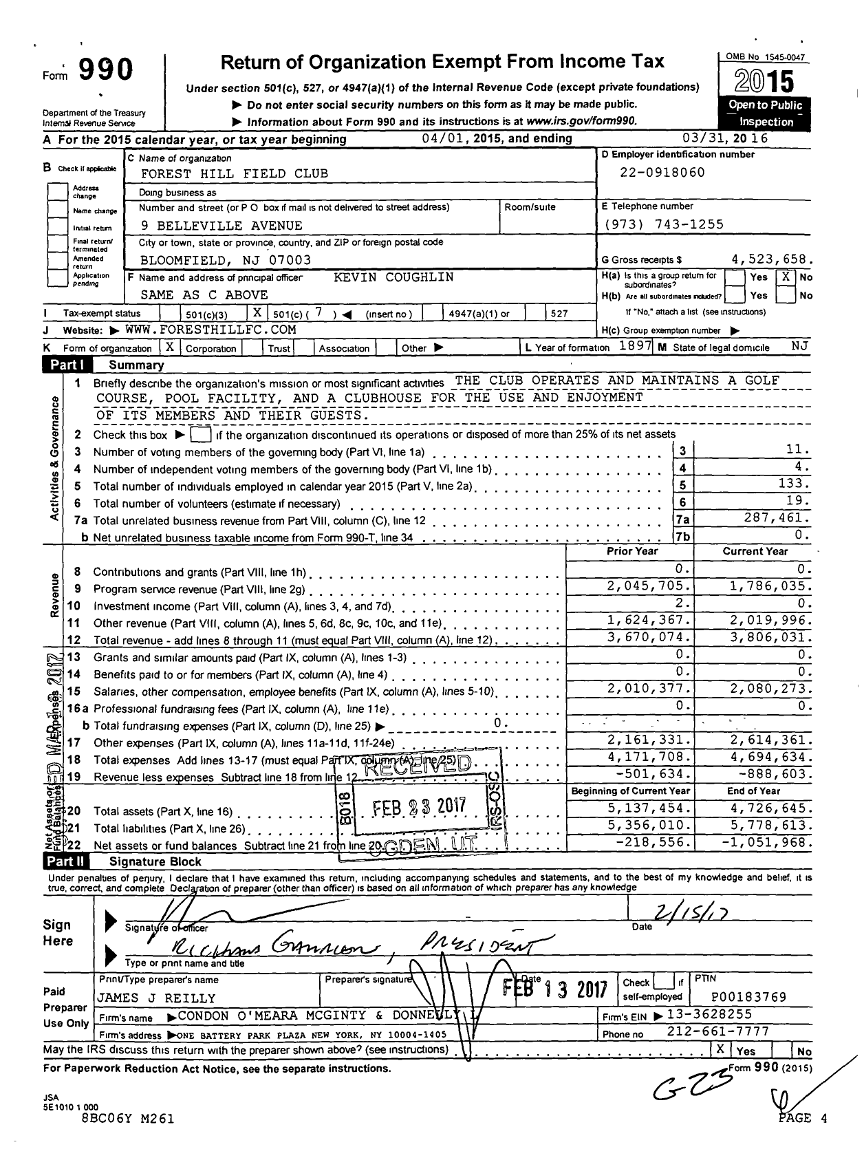 Image of first page of 2015 Form 990O for Forest Hill Field Club