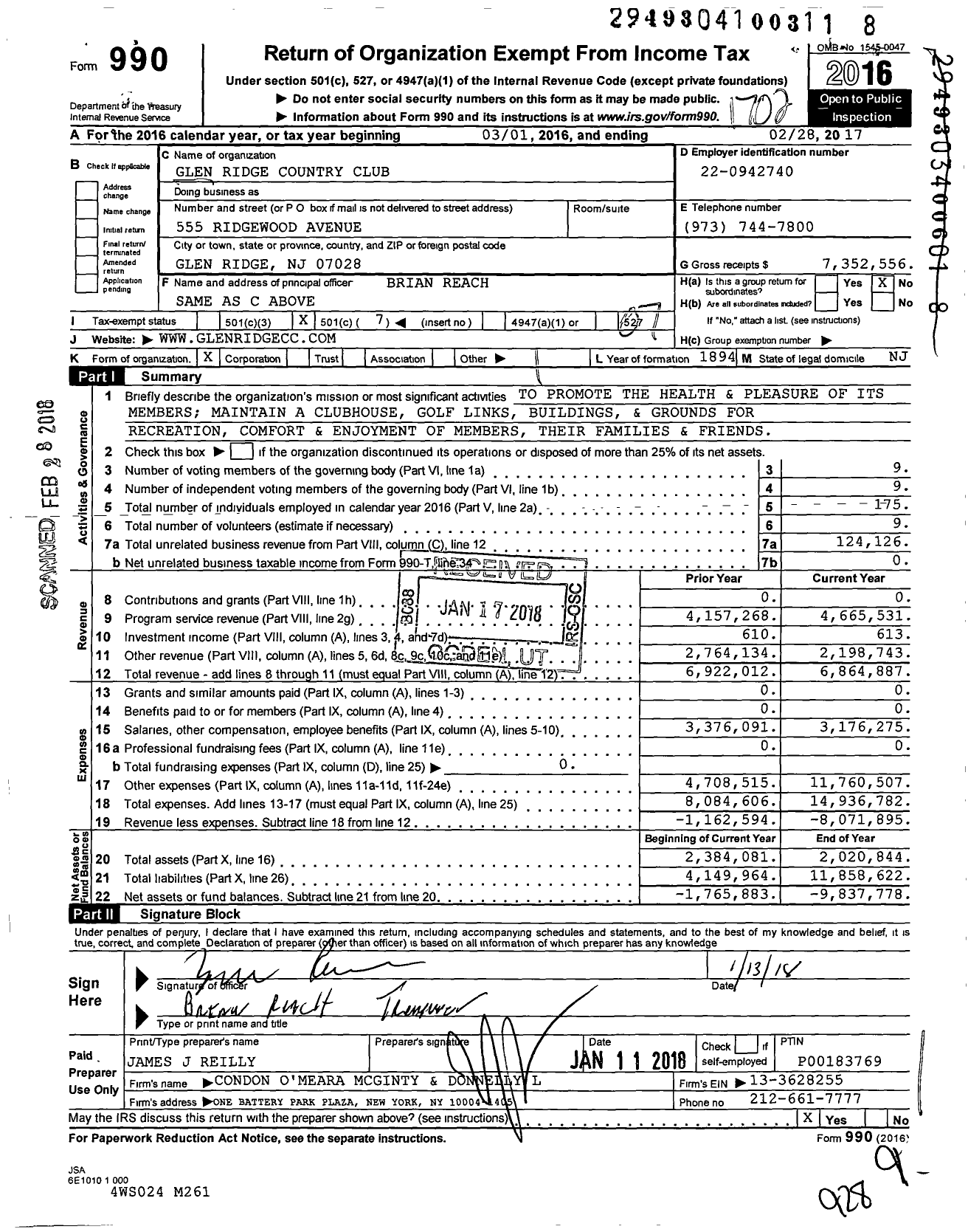 Image of first page of 2016 Form 990O for Glen Ridge Country Club
