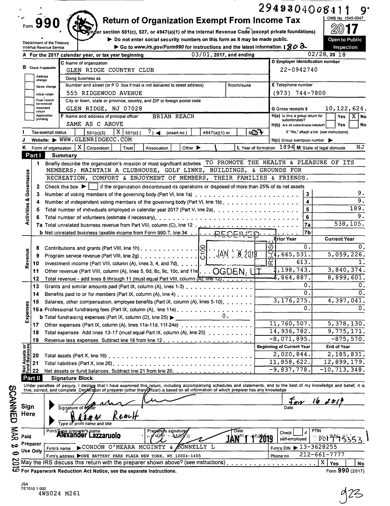 Image of first page of 2017 Form 990O for Glen Ridge Country Club