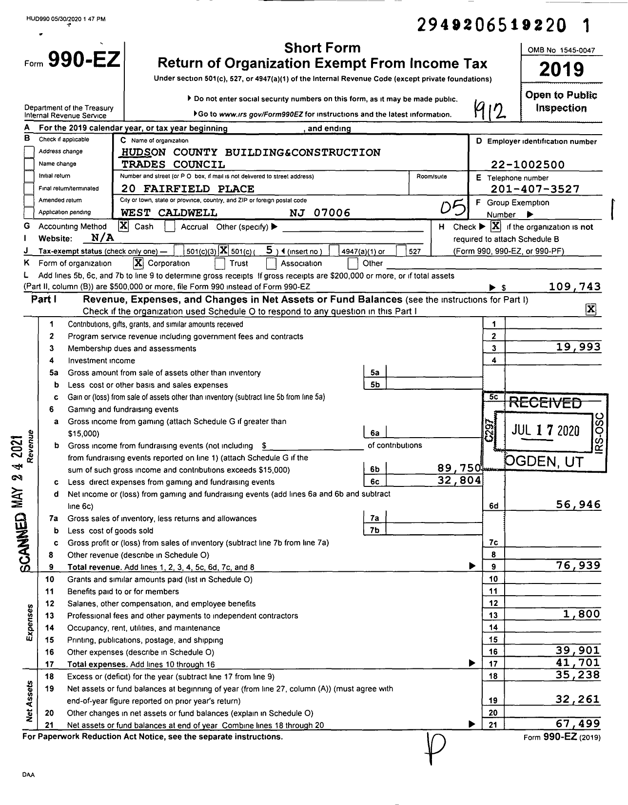 Image of first page of 2019 Form 990EO for AFL-CIO - Hudson County Building and Construc