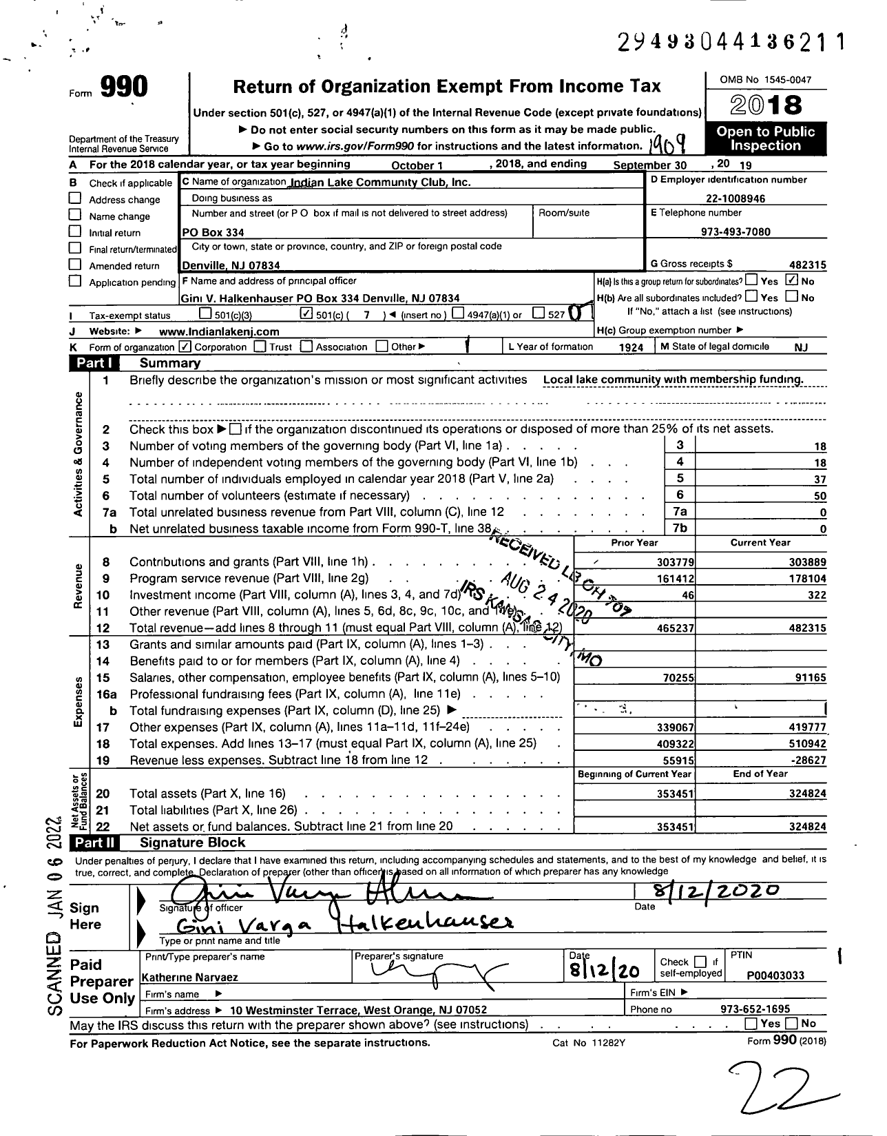 Image of first page of 2018 Form 990O for Indian Lake Community Club