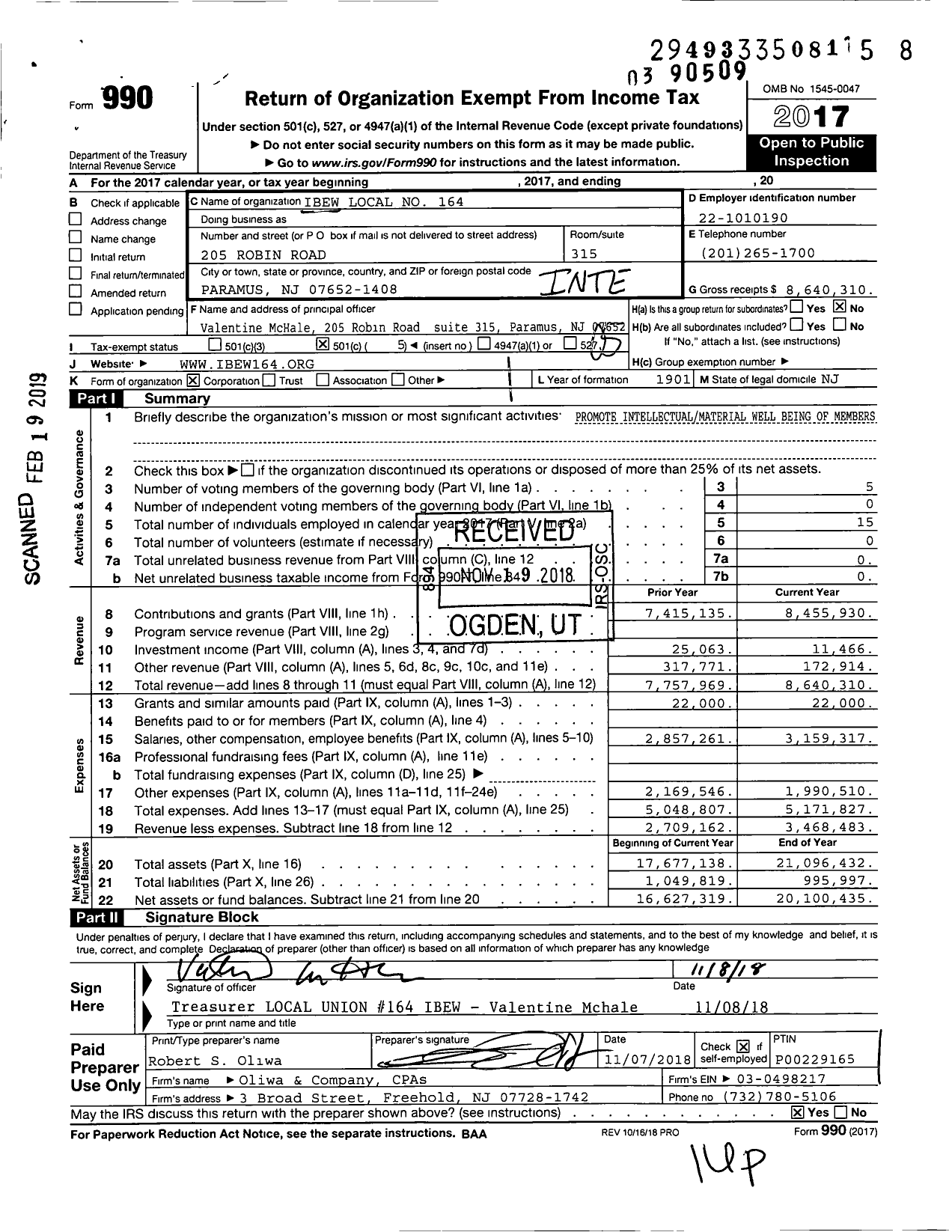 Image of first page of 2017 Form 990O for International Brotherhood of Electrical Workers - 0164 Local Union