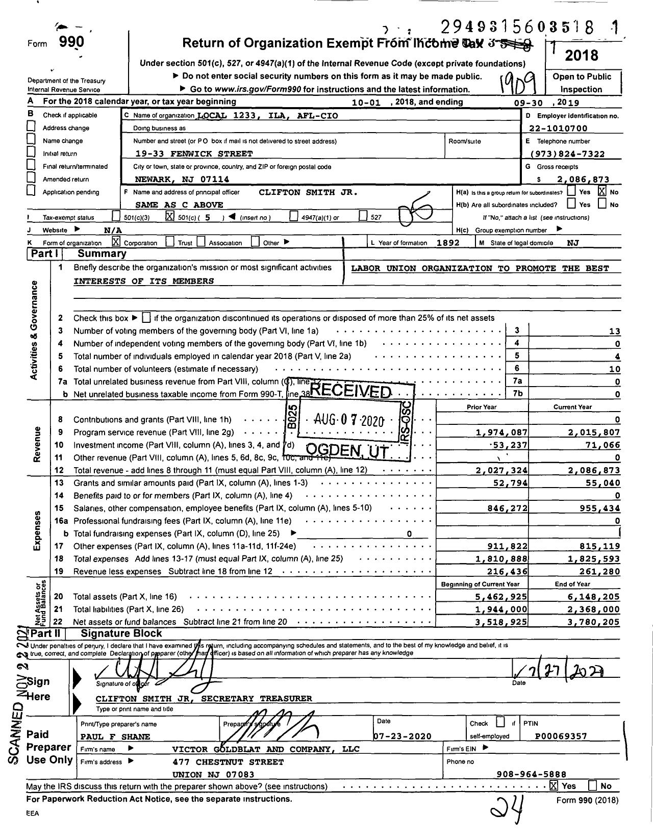 Image of first page of 2018 Form 990O for Local 1233 ILA AFL-CIO