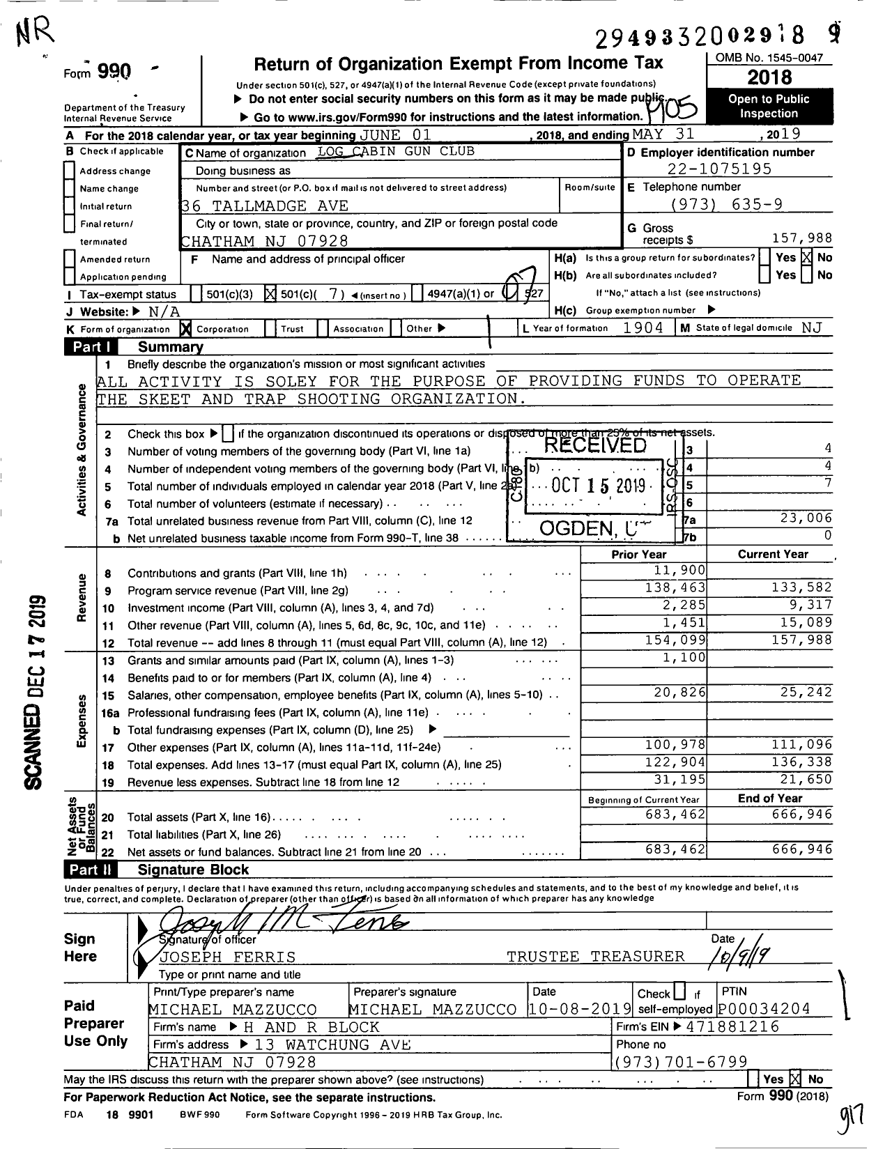 Image of first page of 2018 Form 990O for Log Cabin Gun Club