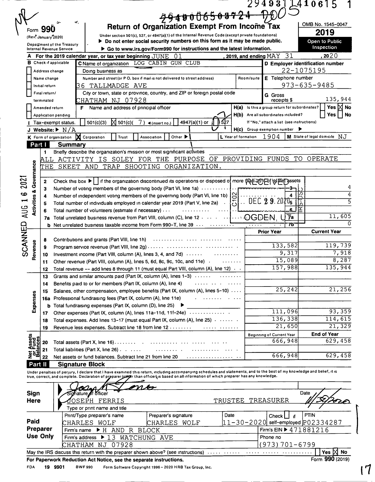 Image of first page of 2019 Form 990O for Log Cabin Gun Club