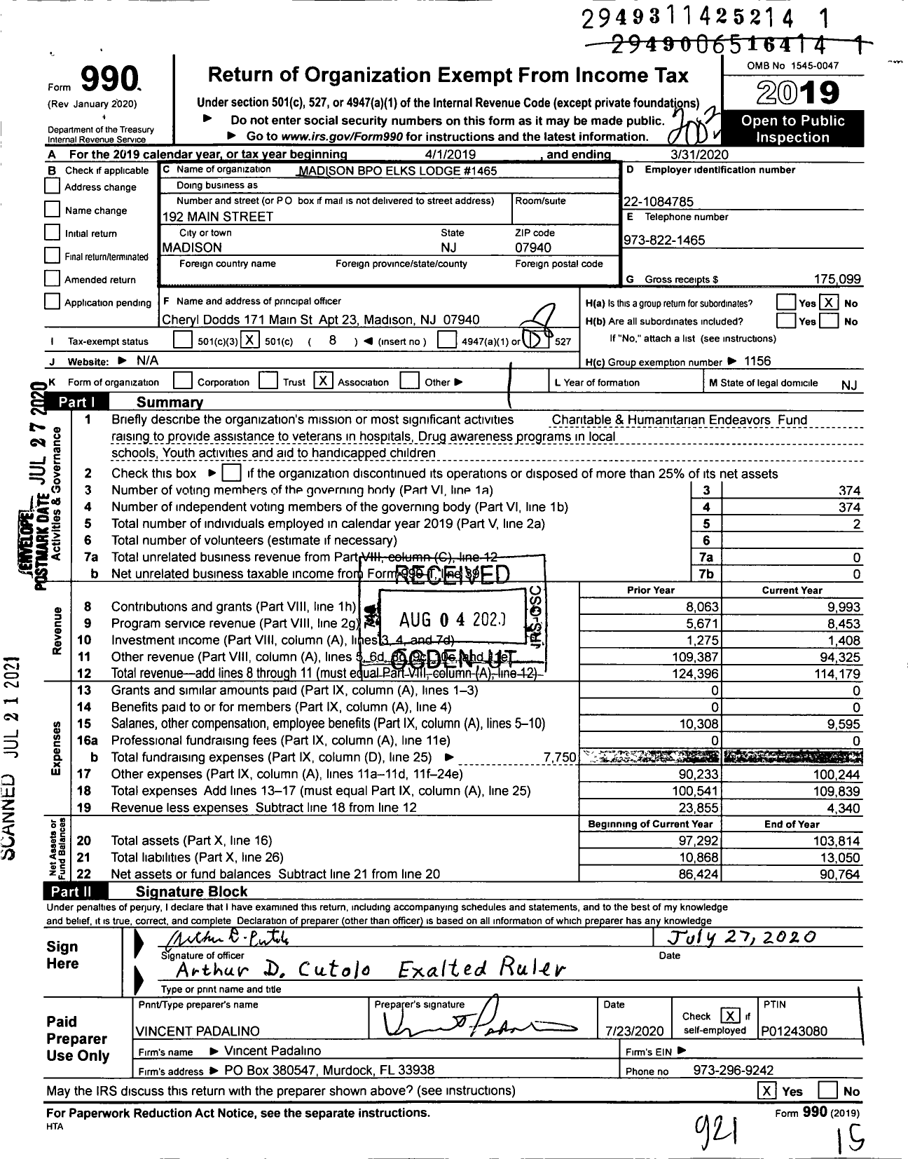 Image of first page of 2019 Form 990O for Benevolent and Protective Order of Elks - 1465 Madison