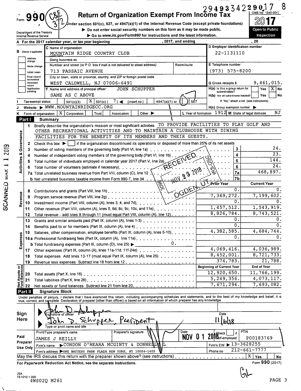 Image of first page of 2017 Form 990O for Mountain Ridge Country Club