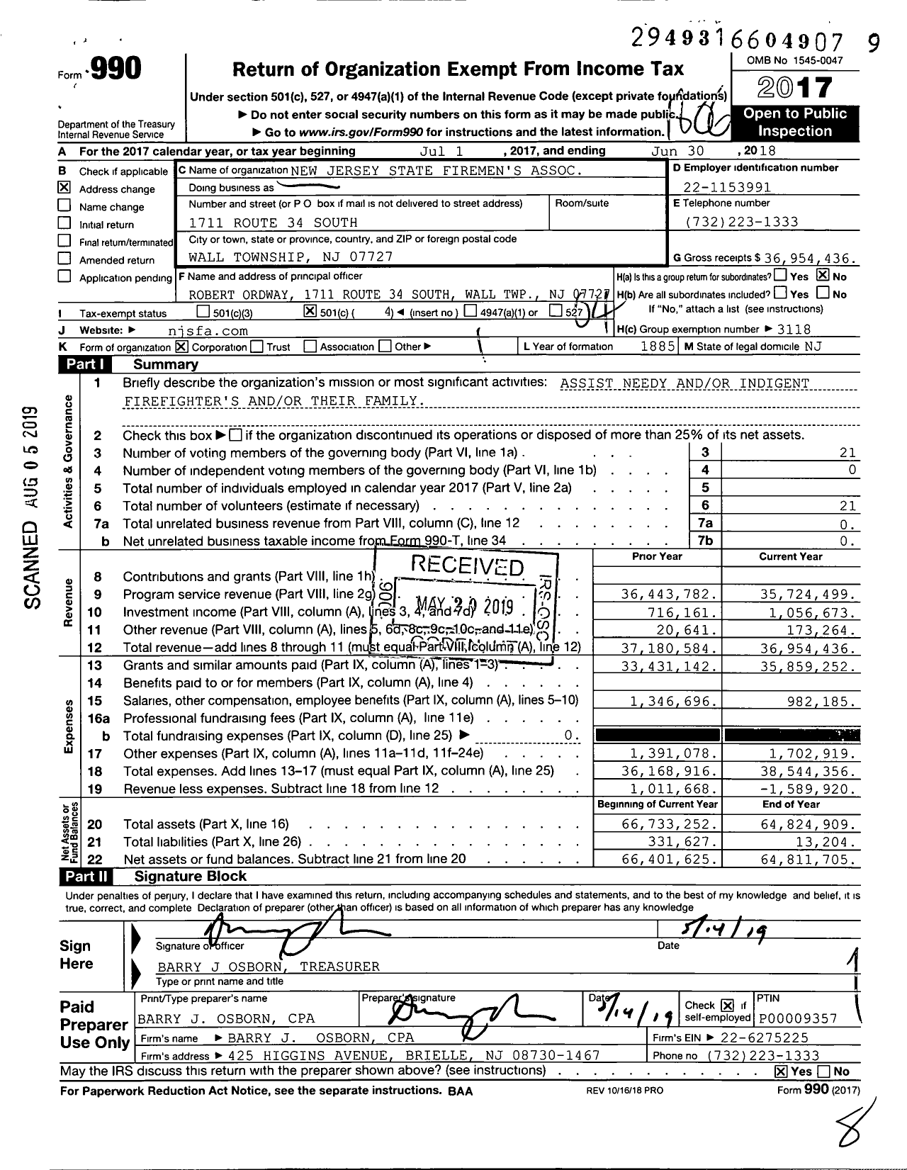 Image of first page of 2017 Form 990O for New Jersey State Firemen's Association