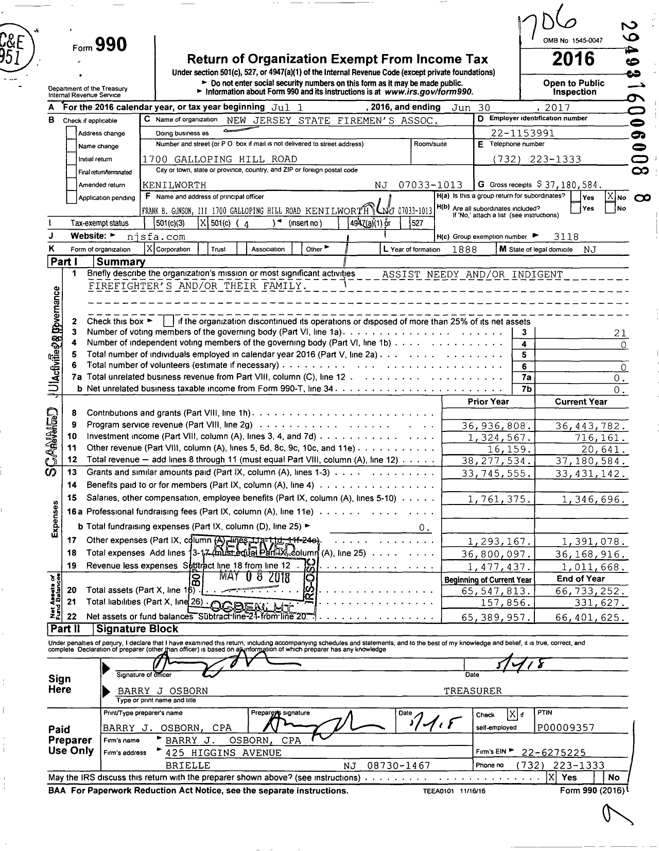 Image of first page of 2016 Form 990O for New Jersey State Firemen's Association