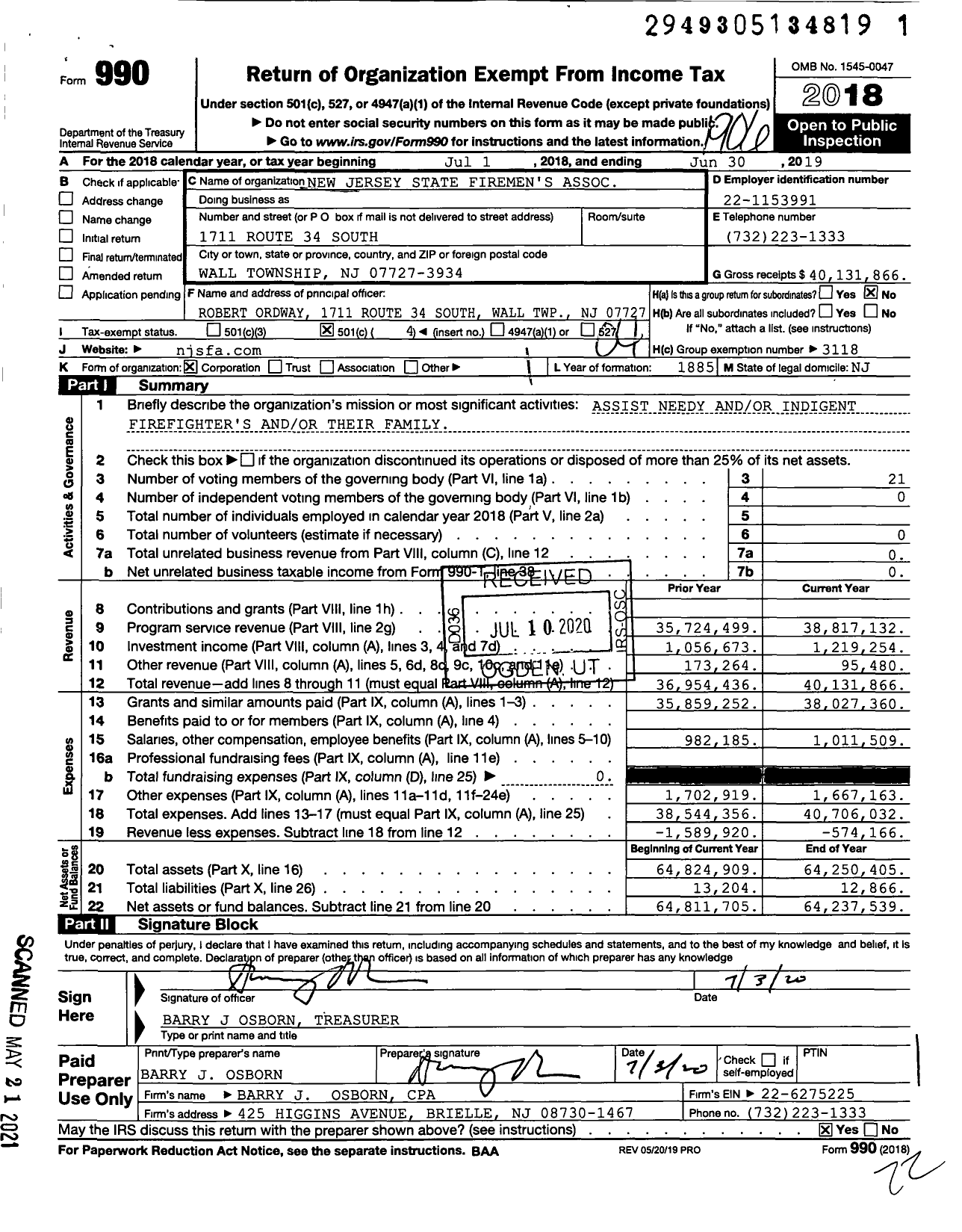 Image of first page of 2018 Form 990O for New Jersey State Firemen's Association
