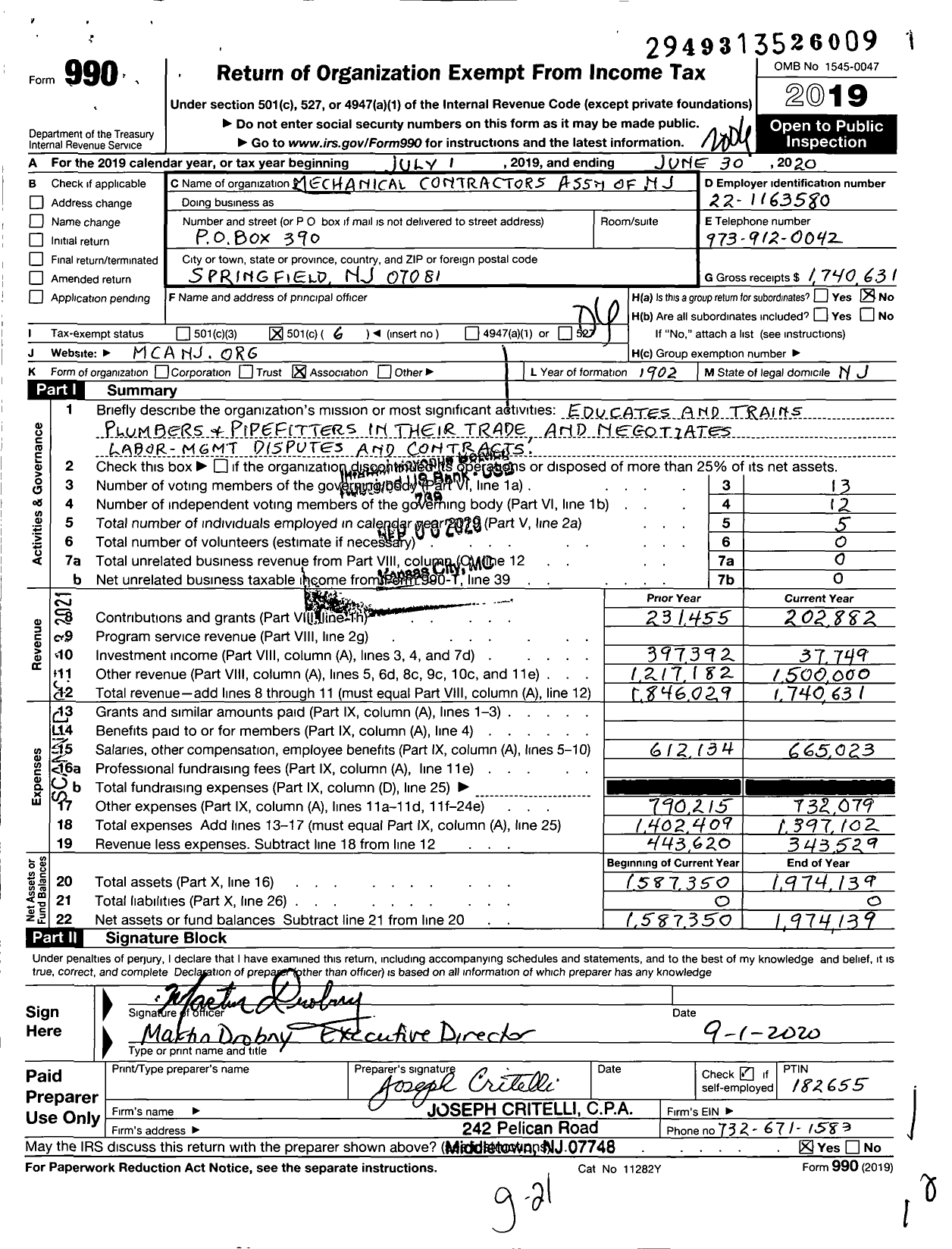 Image of first page of 2019 Form 990O for Mechanical Contractors Association of New Jersey