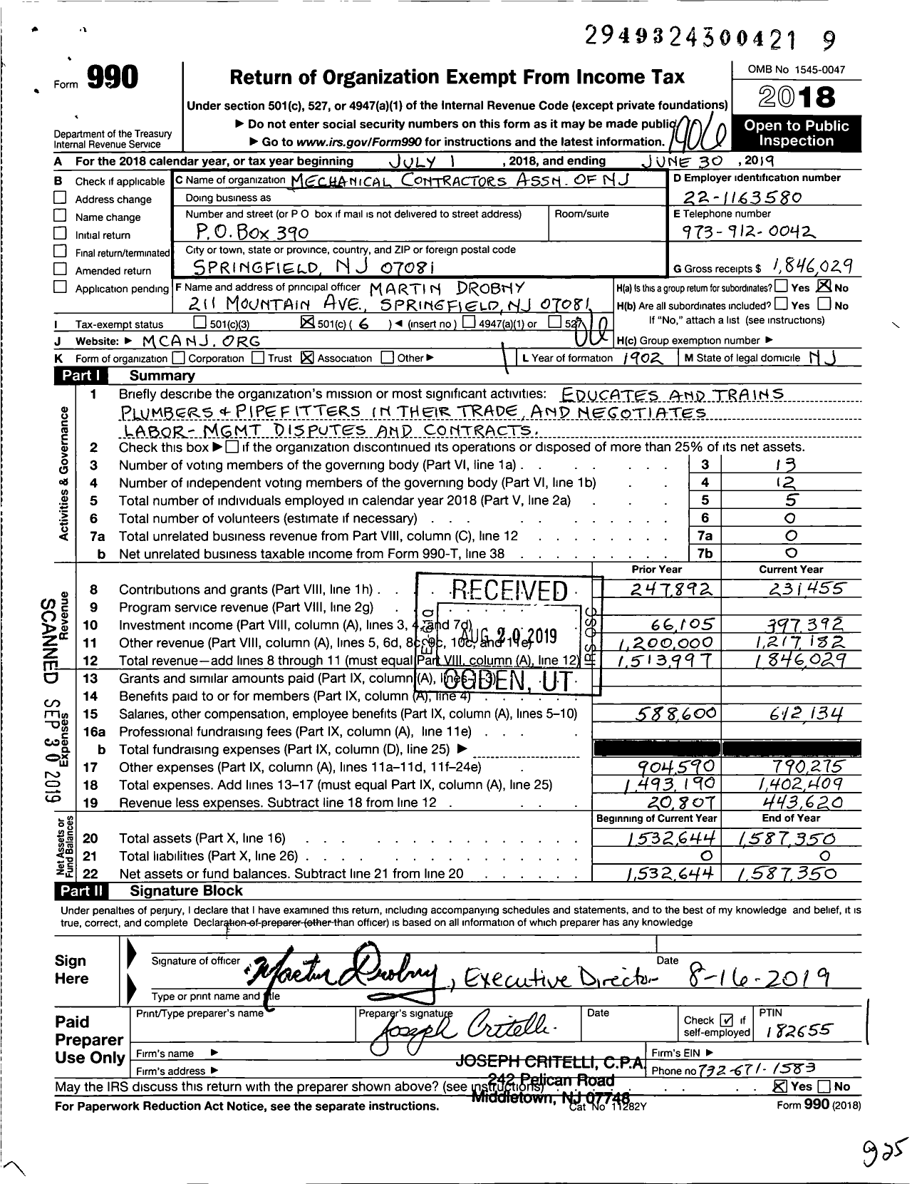 Image of first page of 2018 Form 990O for Mechanical Contractors Association of New Jersey