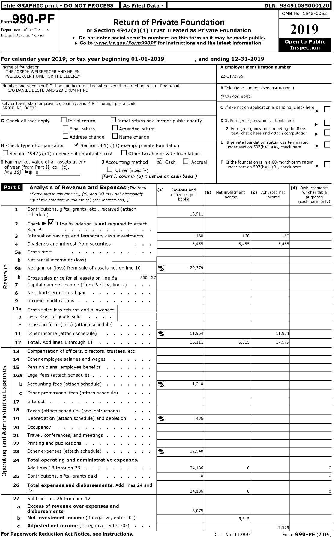 Image of first page of 2019 Form 990PR for The Joseph Weisberger and Helen Weisberger Home for the Elderly