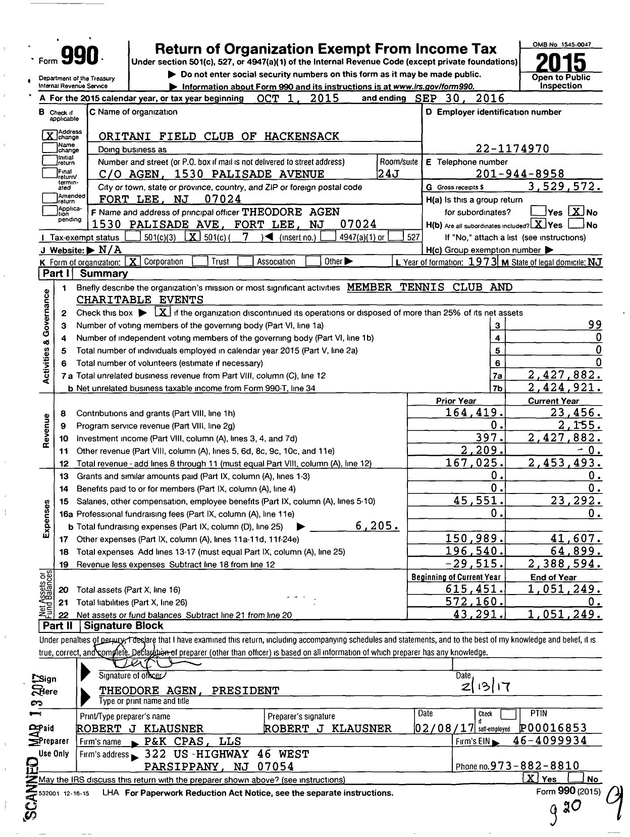 Image of first page of 2015 Form 990O for Oritani Field Club of Hackensack