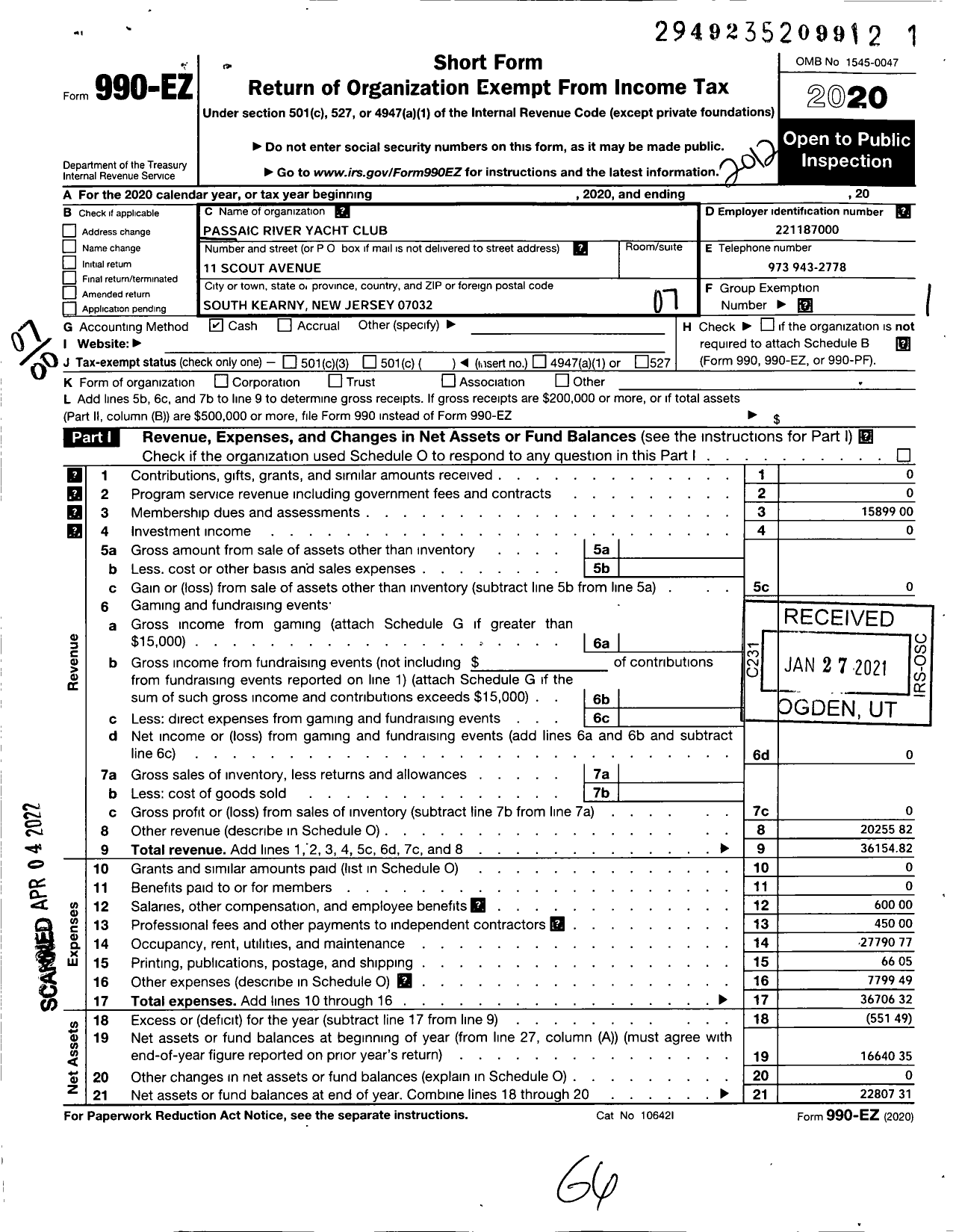 Image of first page of 2020 Form 990EO for Passaic River Yacht Club