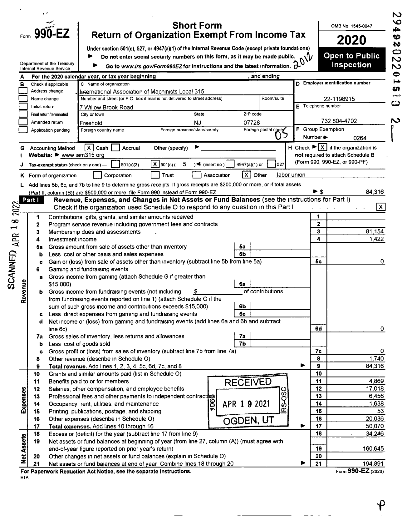 Image of first page of 2020 Form 990EO for International Association of Machinists and Aerospace Workers - 315