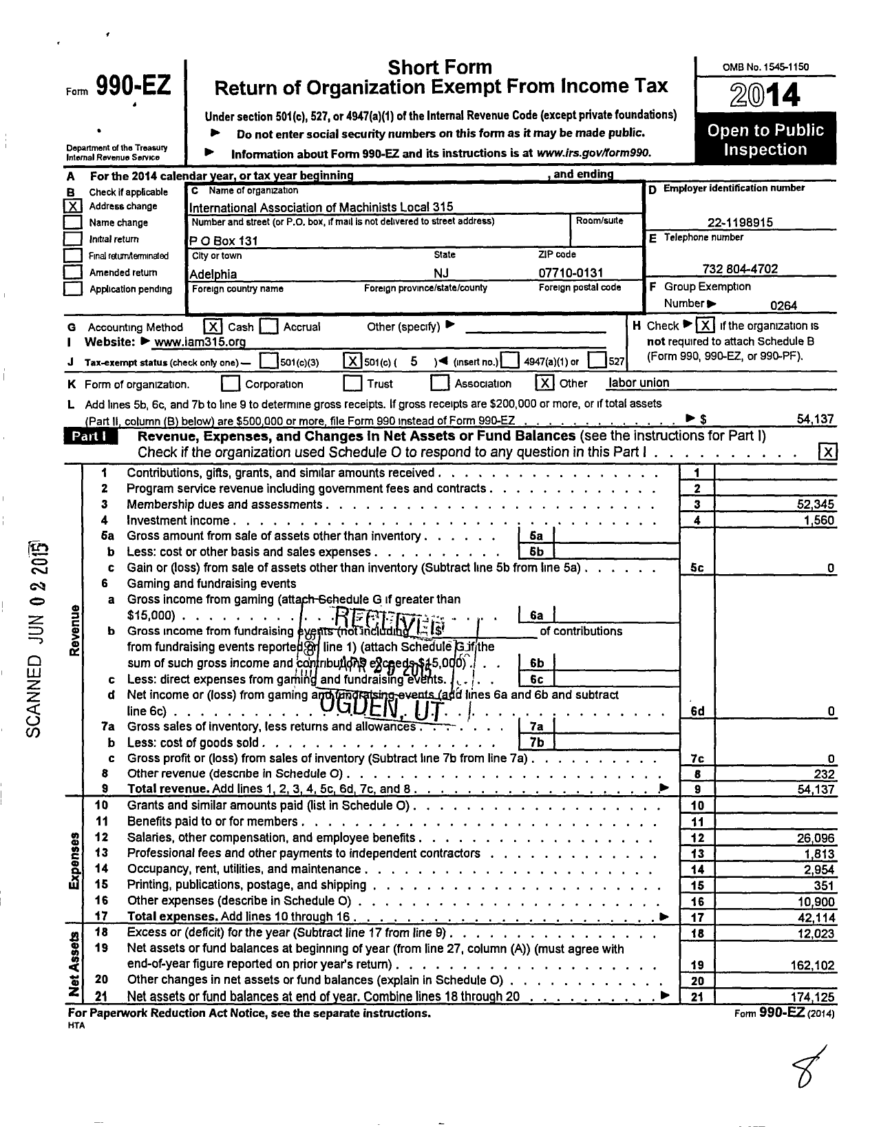 Image of first page of 2014 Form 990EO for International Association of Machinists and Aerospace Workers - 315