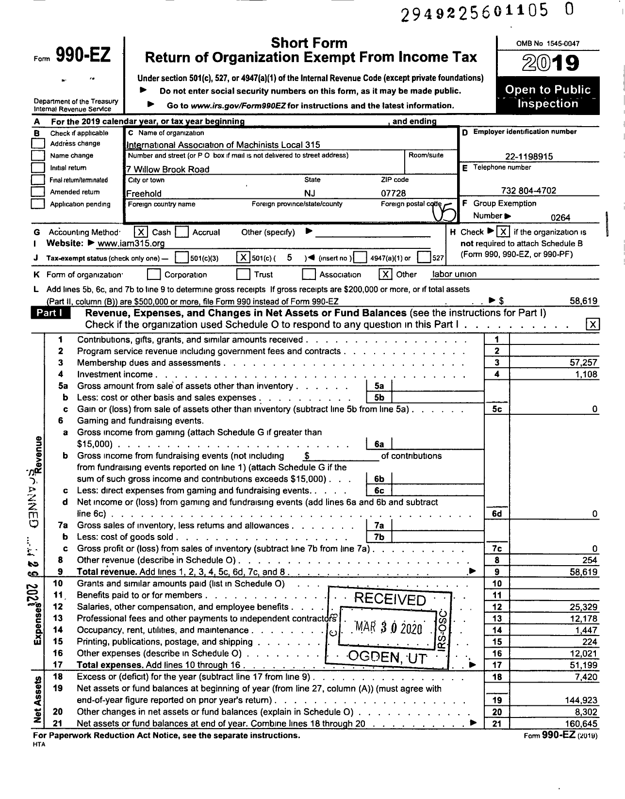 Image of first page of 2019 Form 990EO for International Association of Machinists and Aerospace Workers - 315