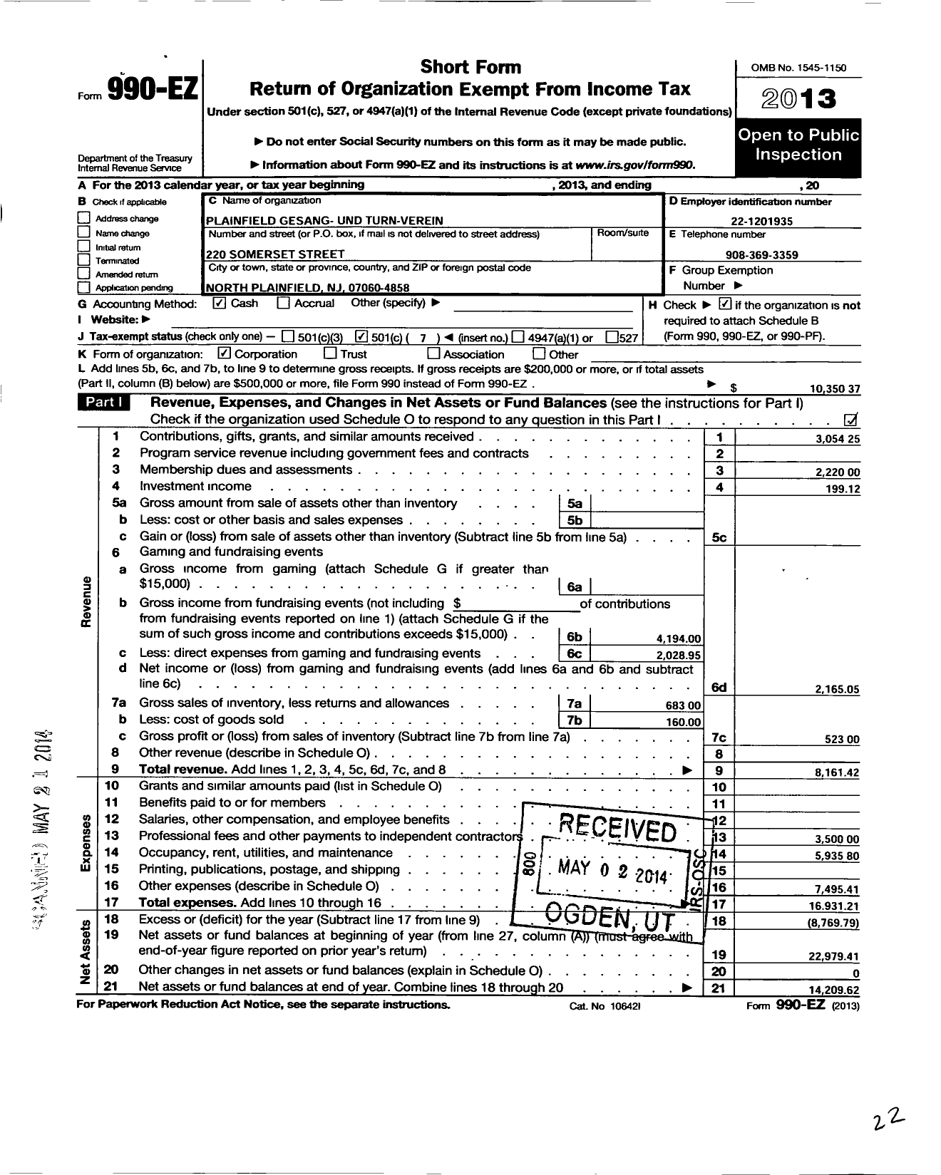 Image of first page of 2013 Form 990EO for Plainfield Gesang-Und Turnverien