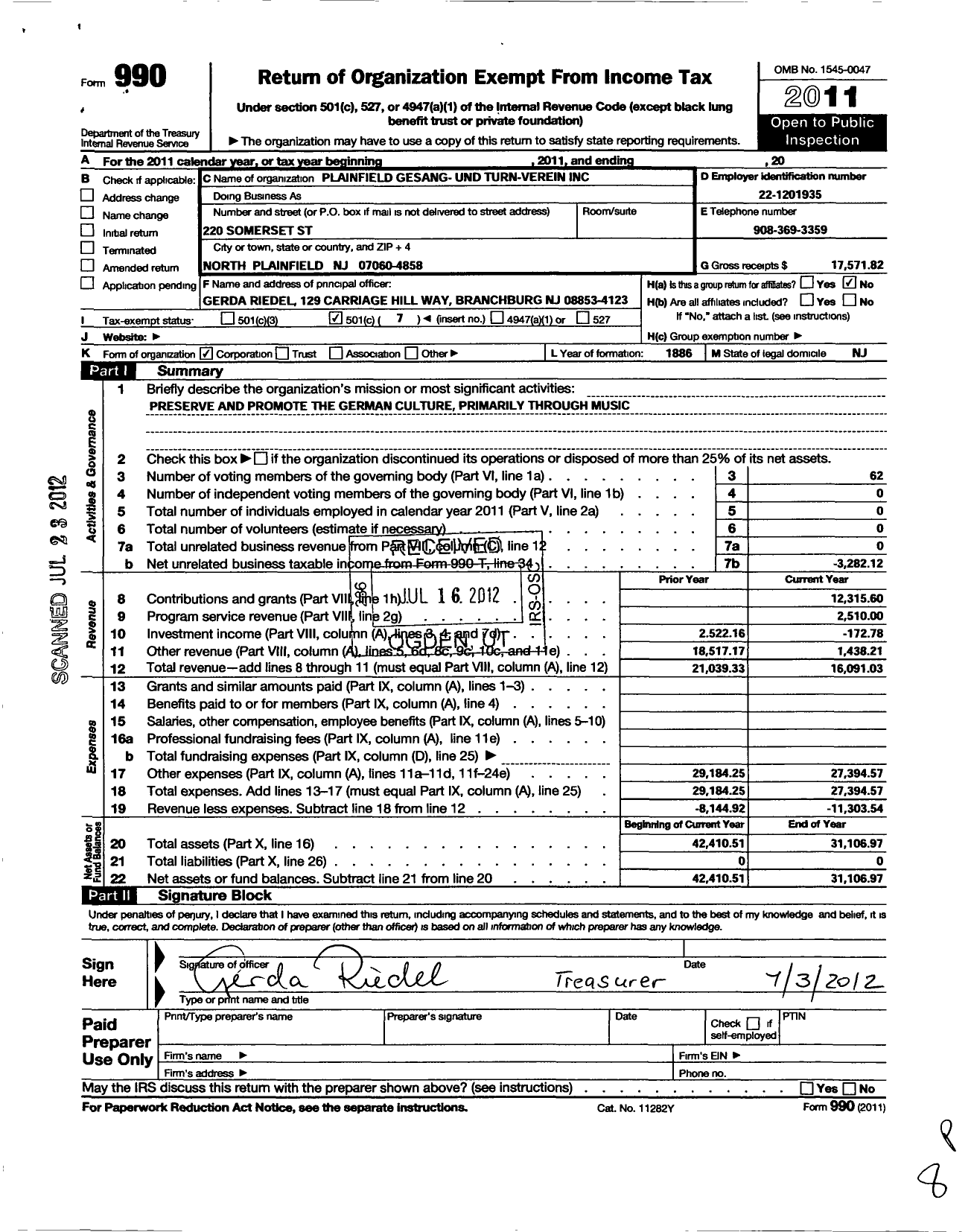 Image of first page of 2011 Form 990O for Plainfield Gesang-Und Turnverien