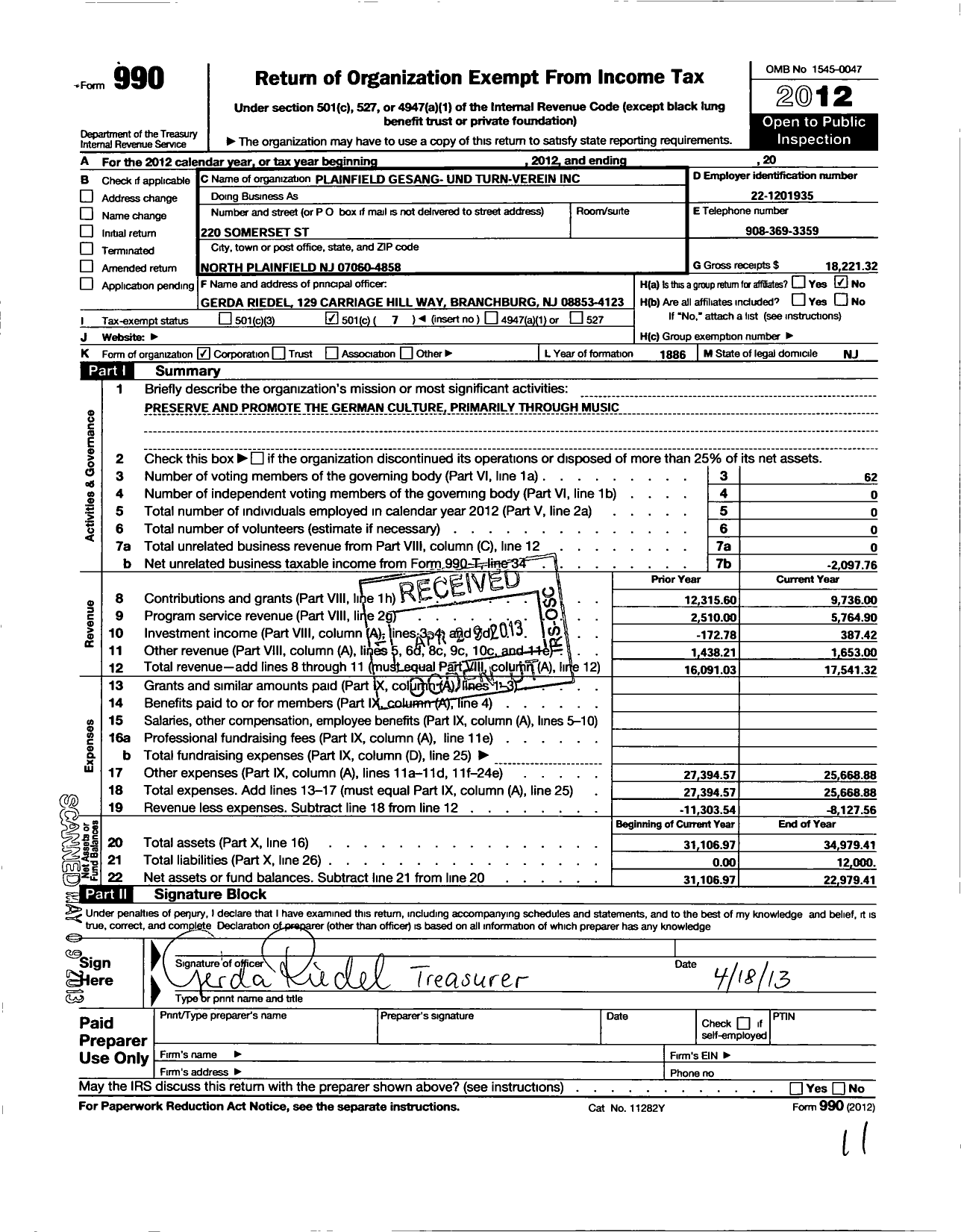 Image of first page of 2012 Form 990O for Plainfield Gesang-Und Turnverien