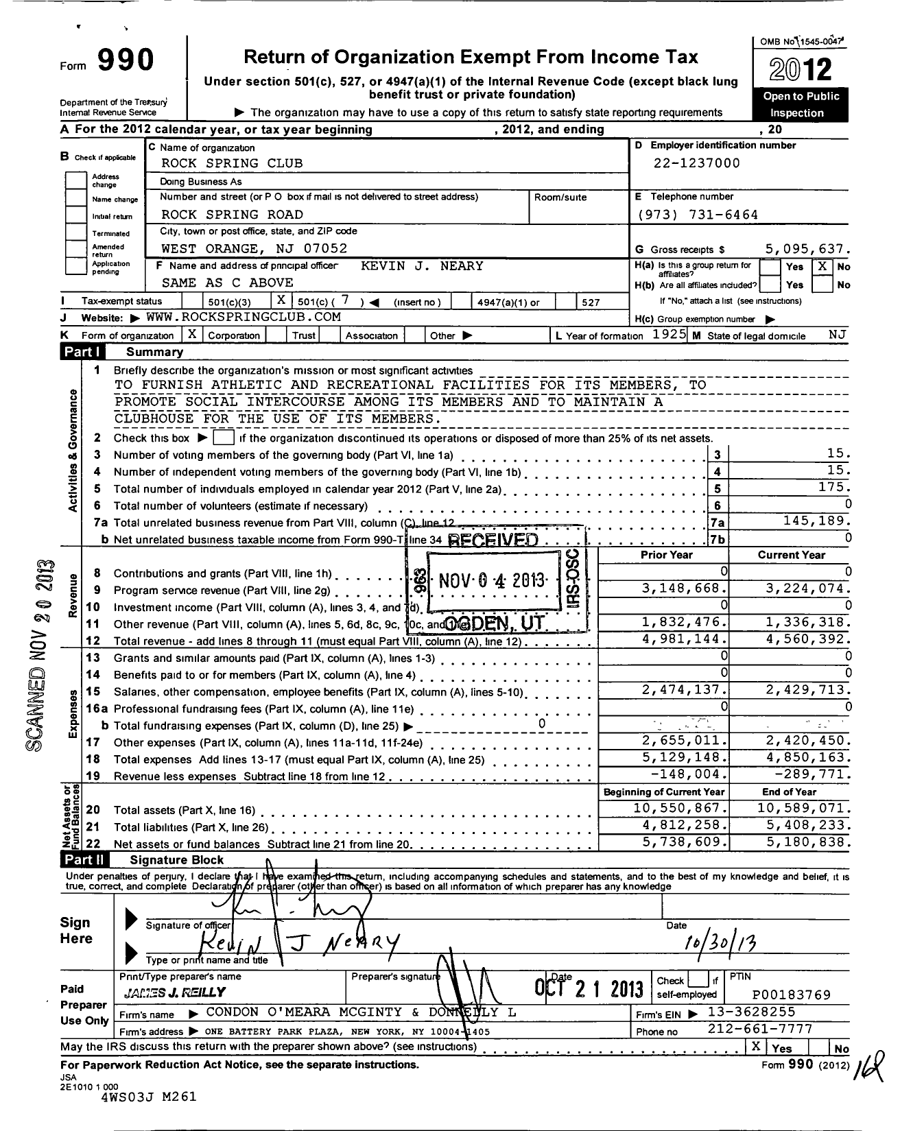 Image of first page of 2012 Form 990O for Rock Spring Club